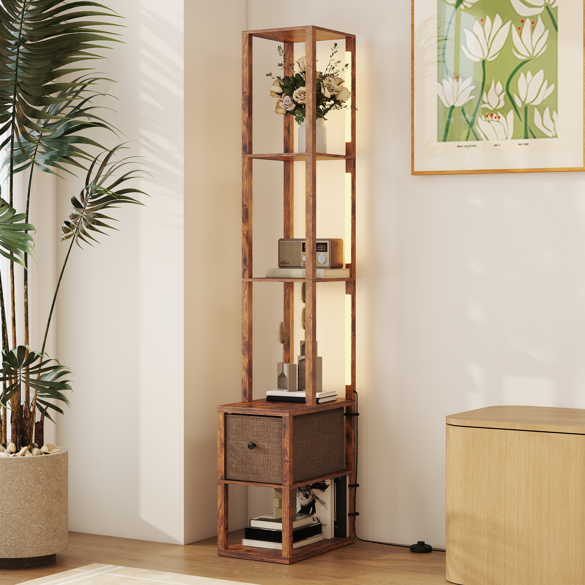 HOMCOM Floor Lamp with Shelves, LED Column Modern Standing Lamp with Fabric Drawer, Adjustable Brightness, Foot Switch for Living Room, Bedroom, Office, Rustic Brown 8
