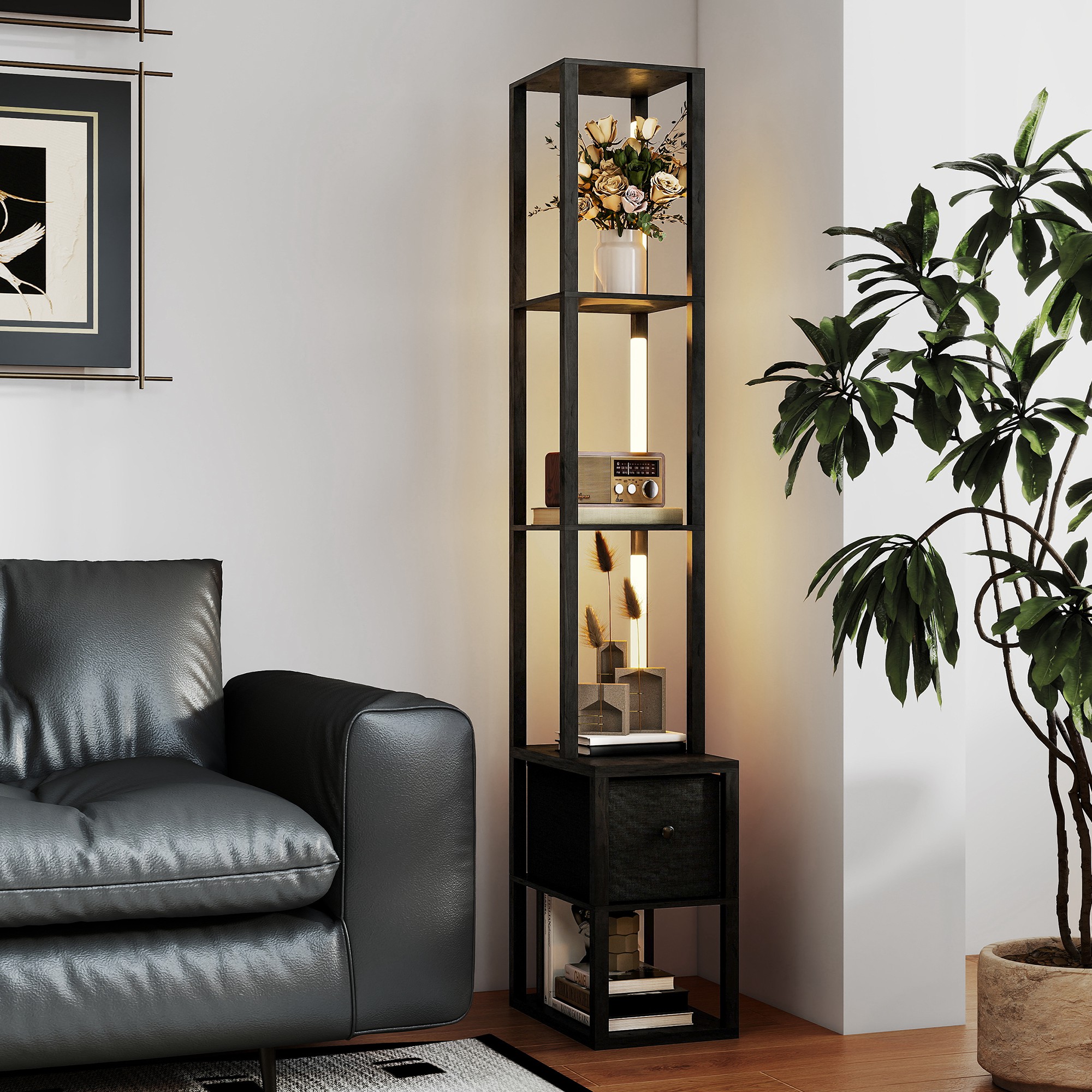 HOMCOM Floor Lamp with Shelves, LED Column Modern Standing Lamp with Fabric Drawer, Adjustable Brightness, Foot Switch for Living Room, Bedroom, Office, Black 8