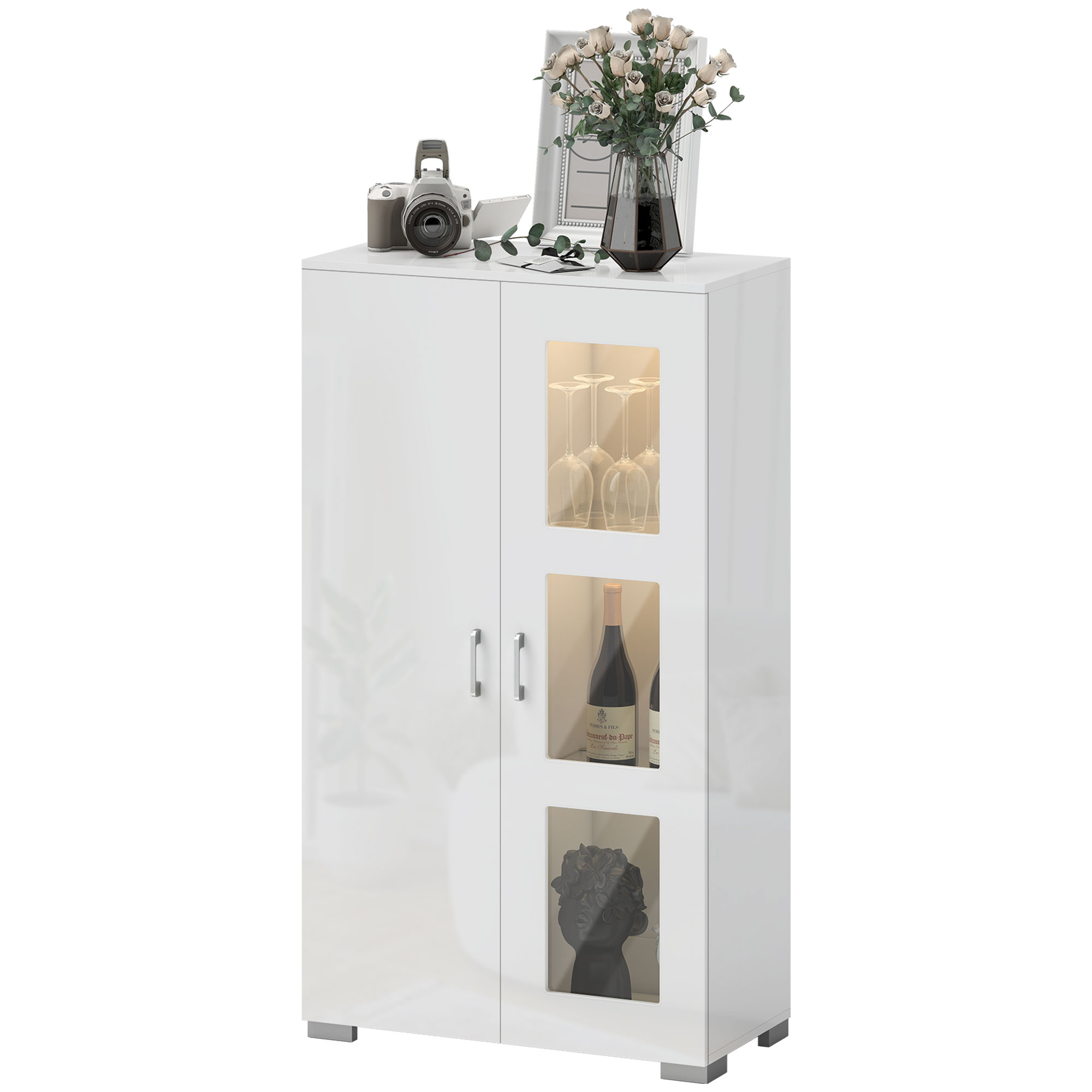HOMCOM Buffet avec LED RGB 16 couleurs et télécommande, haute brillance, portes vitrées, étagères en verre, 71x35x126cm, blanc