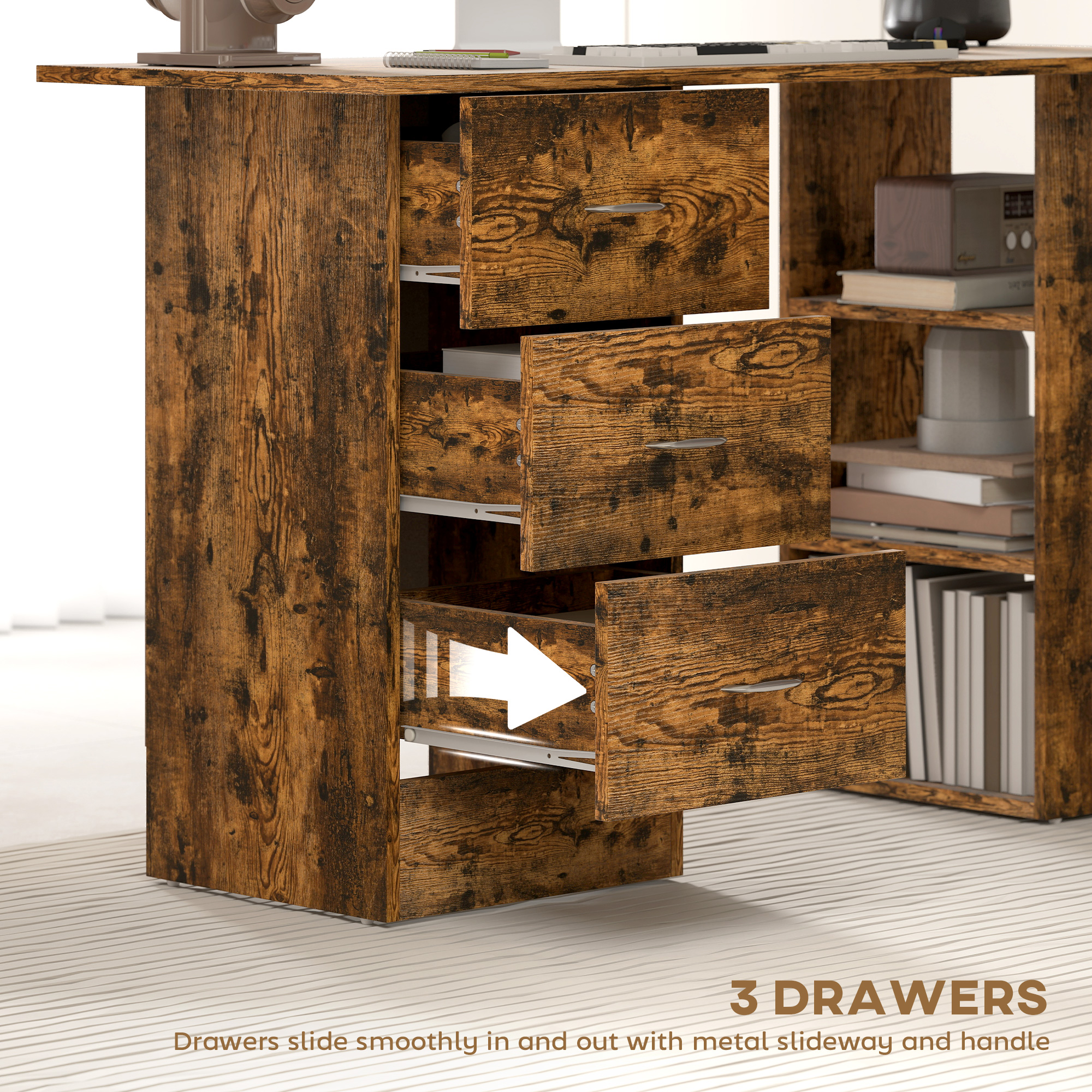 HOMCOM Computer Desk, Writing Table, PC Workstation with 3 Storage Shelves and Drawers, Silver Handle, for Home Office, Rustic Brown 5
