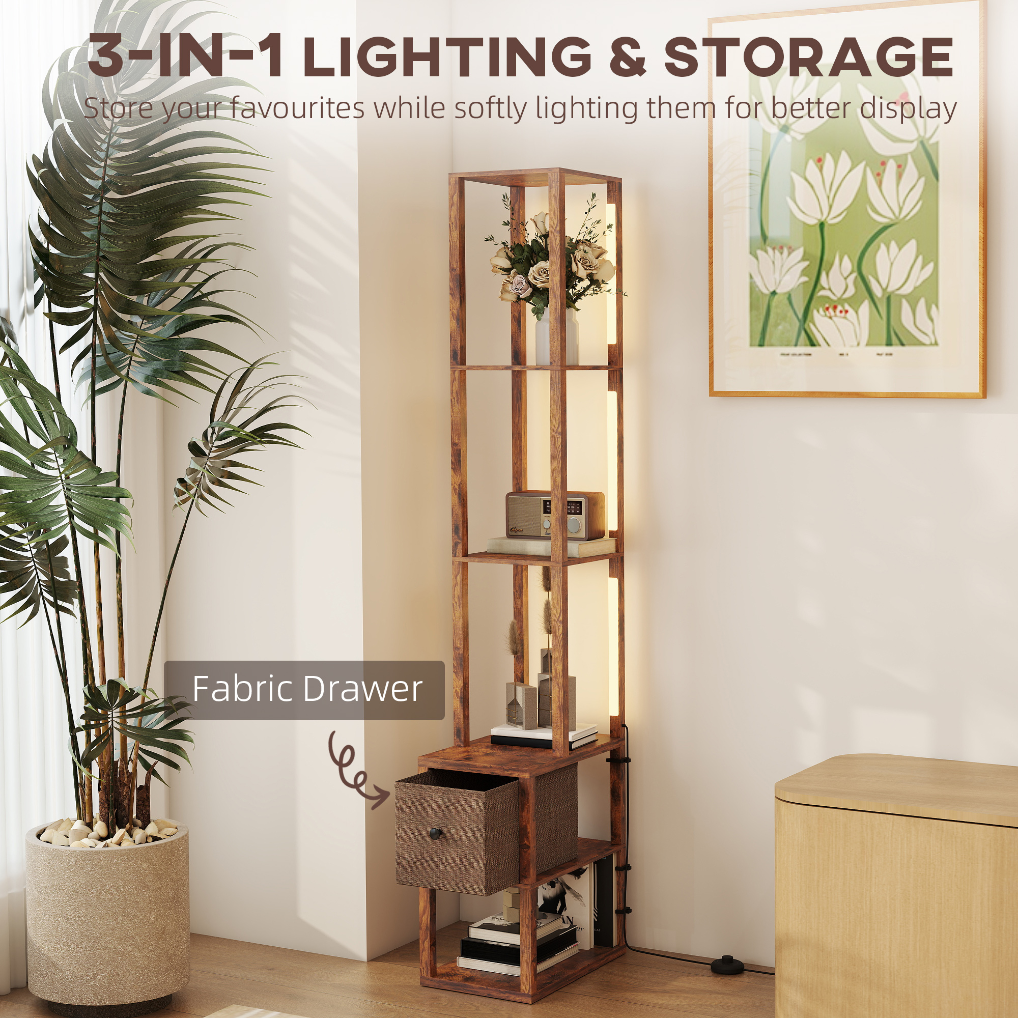 HOMCOM Floor Lamp with Shelves, LED Column Modern Standing Lamp with Fabric Drawer, Adjustable Brightness, Foot Switch for Living Room, Bedroom, Office, Rustic Brown 4