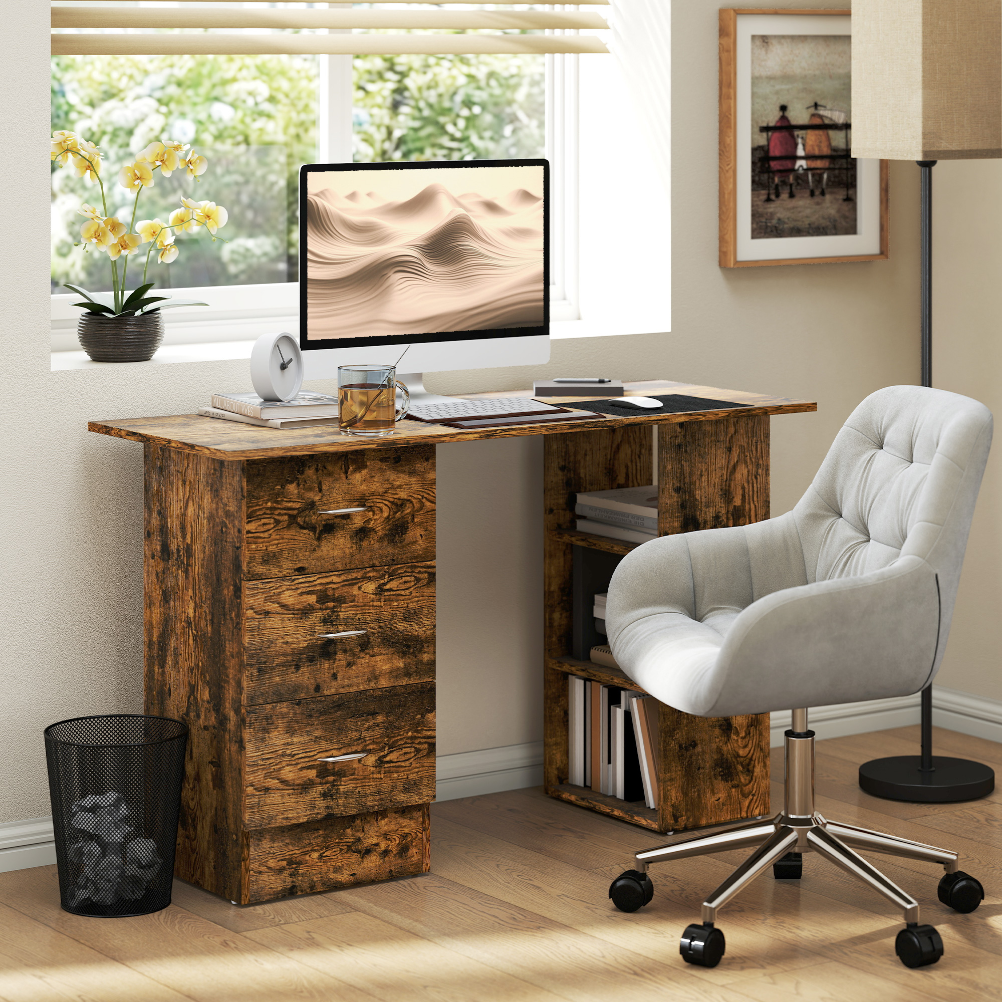 HOMCOM Computer Desk, Writing Table, PC Workstation with 3 Storage Shelves and Drawers, Silver Handle, for Home Office, Rustic Brown 2