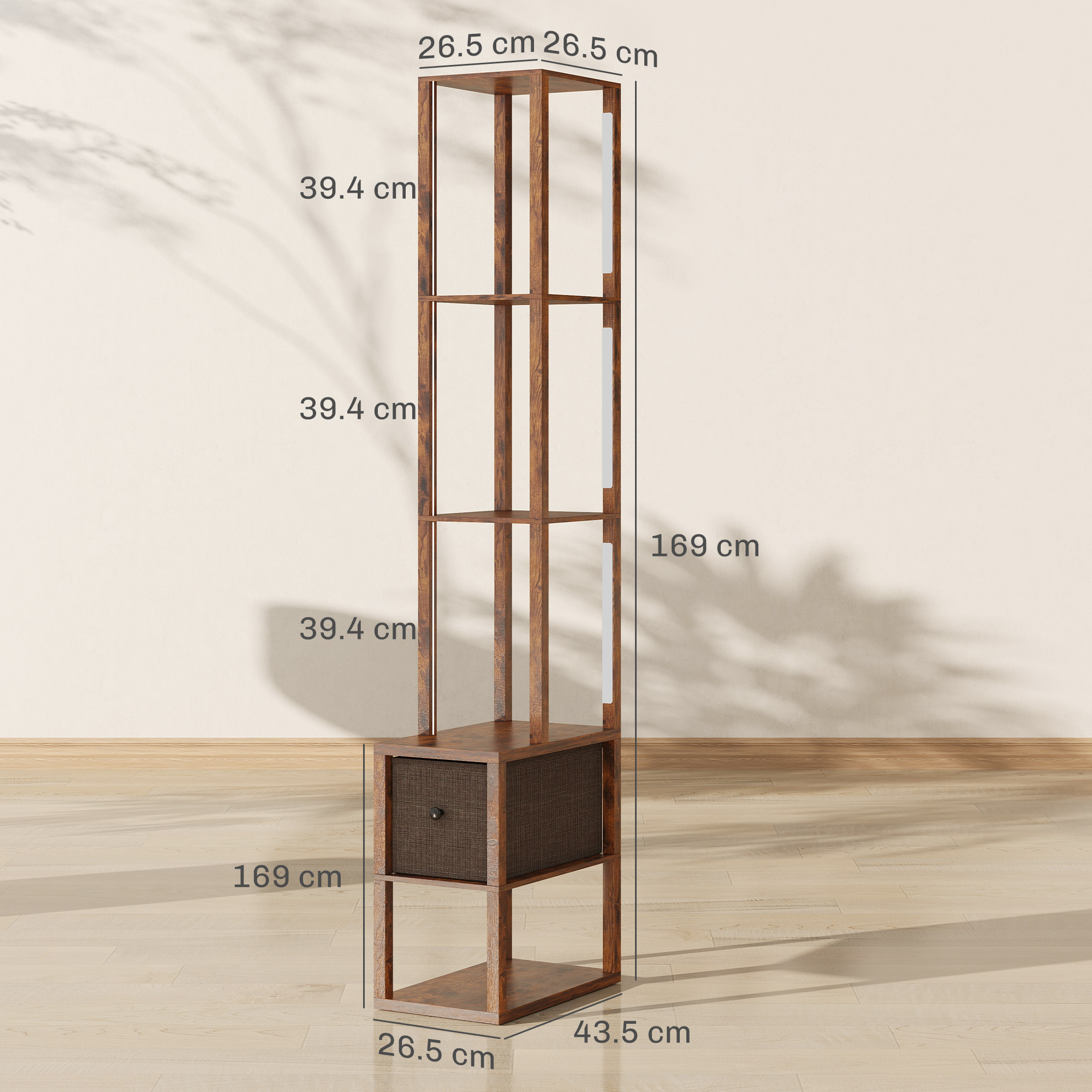 HOMCOM Floor Lamp with Shelves, LED Column Modern Standing Lamp with Fabric Drawer, Adjustable Brightness, Foot Switch for Living Room, Bedroom, Office, Rustic Brown 3