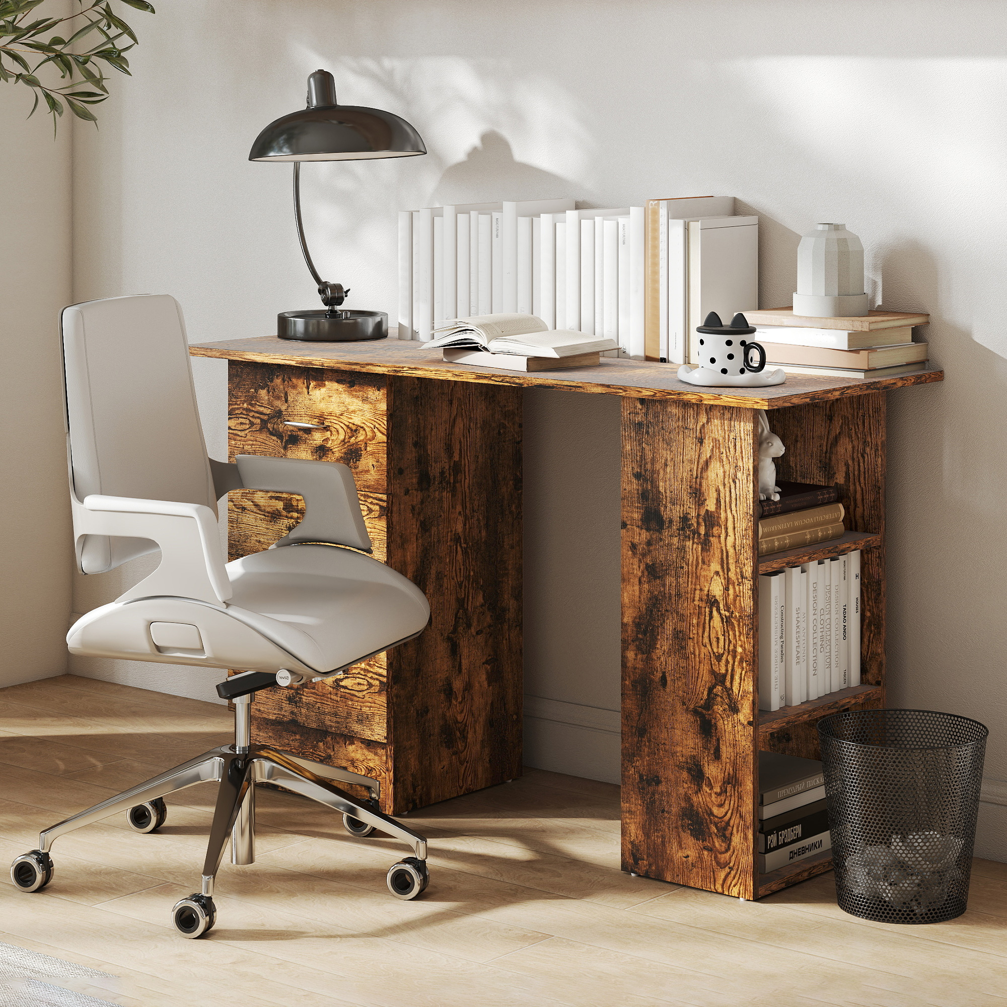 HOMCOM Computer Desk, Writing Table, PC Workstation with 3 Storage Shelves and Drawers, Silver Handle, for Home Office, Rustic Brown 8
