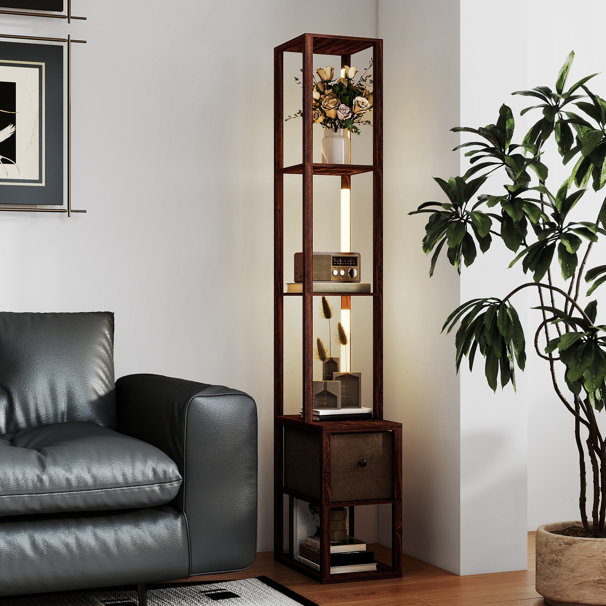 HOMCOM Floor Lamp with Shelves, LED Column Modern Standing Lamp with Fabric Drawer, Adjustable Brightness, Foot Switch for Living Room, Bedroom, Office, Dark Brown 8