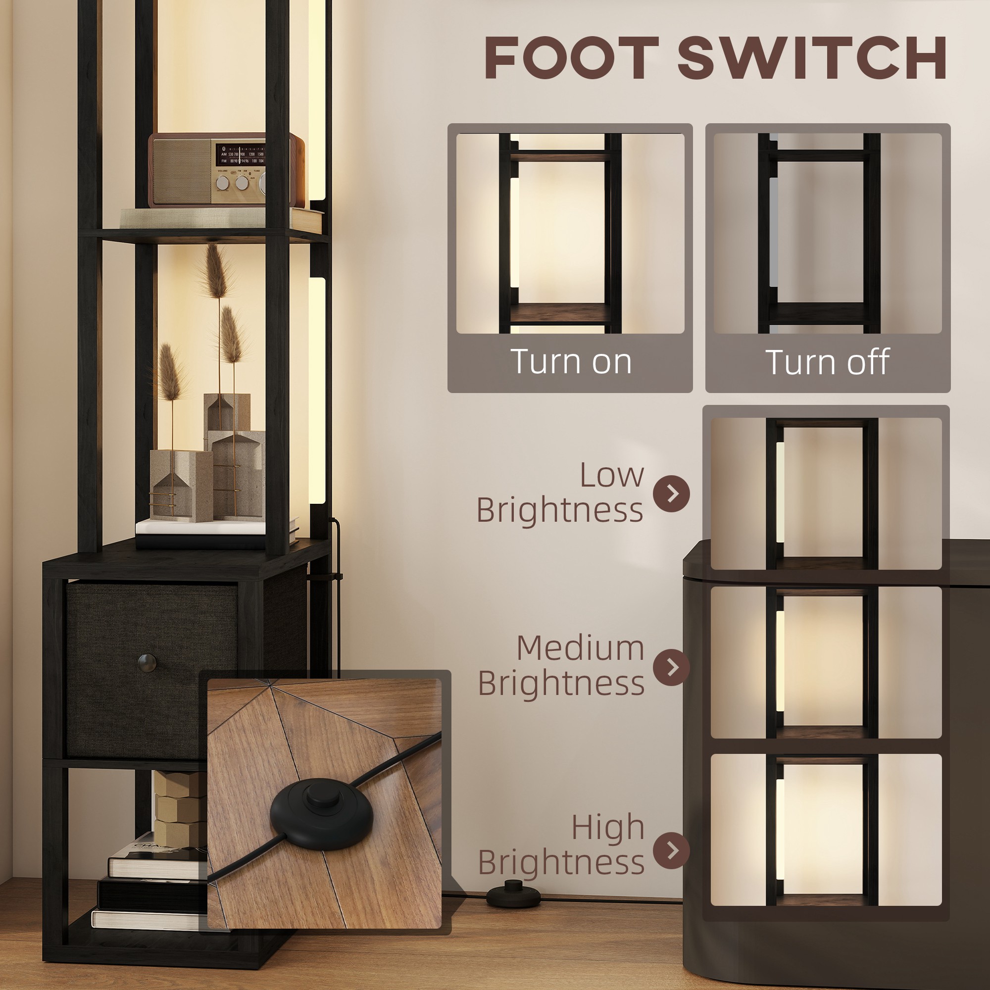 HOMCOM Floor Lamp with Shelves, LED Column Modern Standing Lamp with Fabric Drawer, Adjustable Brightness, Foot Switch for Living Room, Bedroom, Office, Black 6