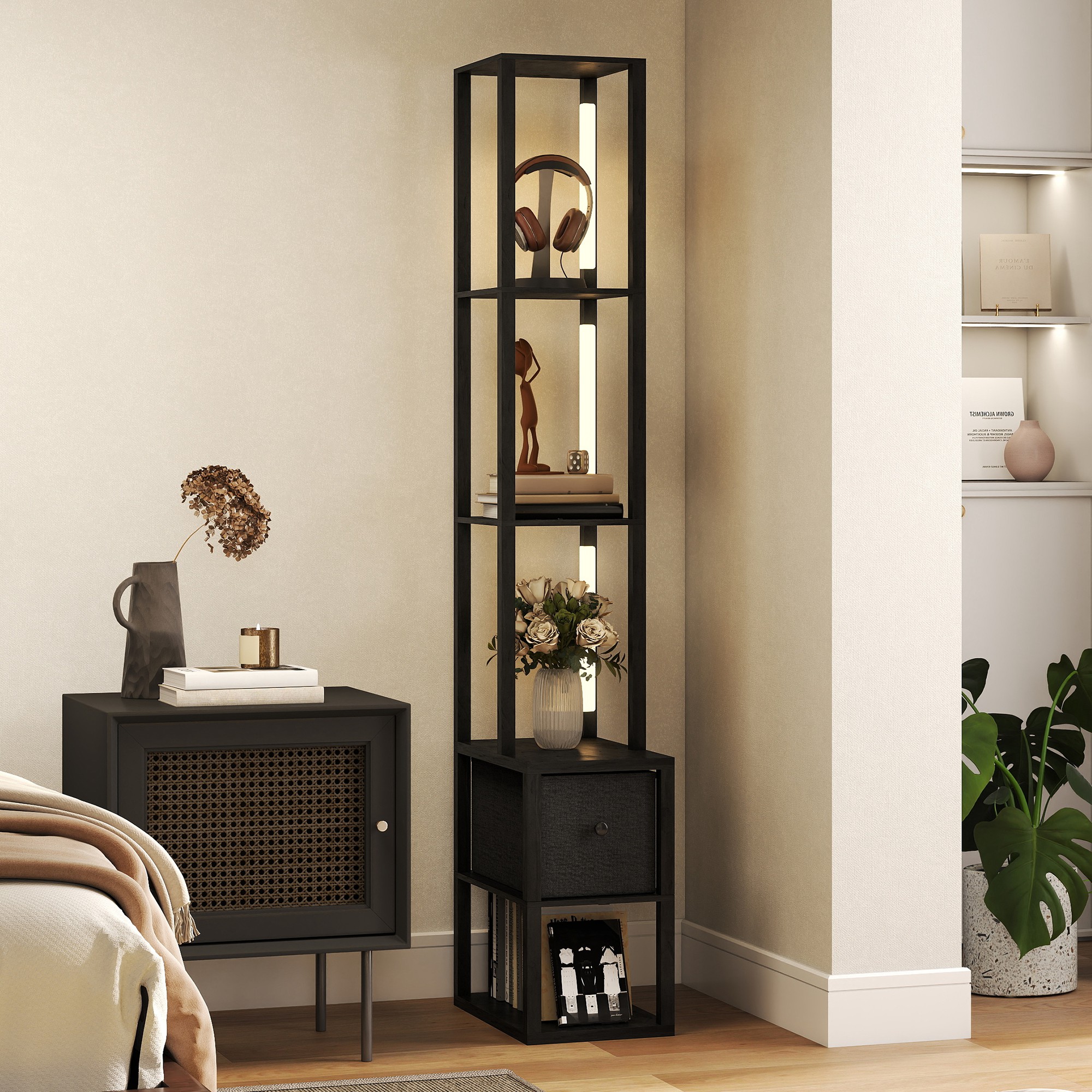 HOMCOM Floor Lamp with Shelves, LED Column Modern Standing Lamp with Fabric Drawer, Adjustable Brightness, Foot Switch for Living Room, Bedroom, Office, Black 2