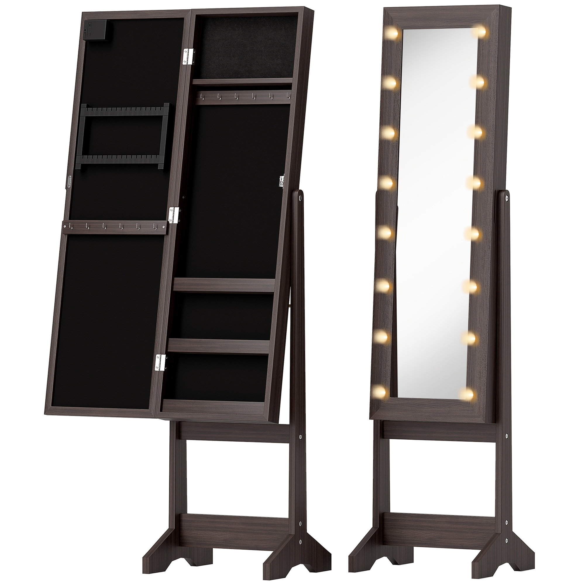 HOMCOM Freestanding Mirror Jewelry Cabinet with LED Lights, Jewellery Organiser with 3 Angle Adjustable, Full-Length Mirror with Storage for Earrings, Necklaces, Rings and Lipsticks, Dark Brown