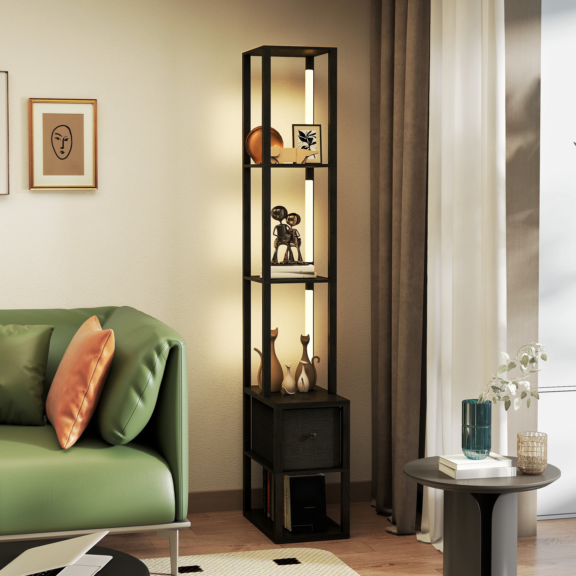HOMCOM Floor Lamp with Shelves, LED Column Modern Standing Lamp with Fabric Drawer, Adjustable Brightness, Foot Switch for Living Room, Bedroom, Office, Black 7
