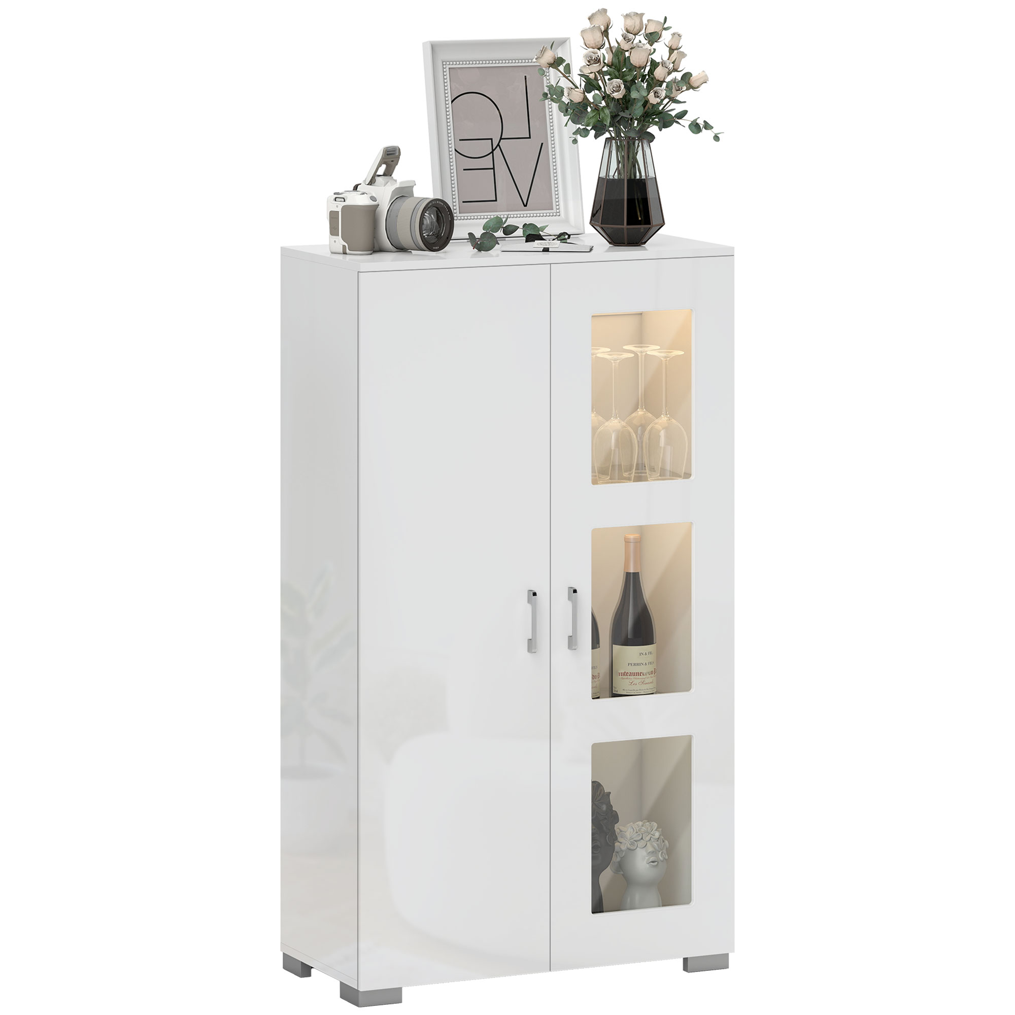 Image of HOMCOM Buffet con LED RGB 16 colori e telecomando, alta lucidità, porte in vetro, ripiani in vetro, 71x35x126cm, bianco Aosom Italy006