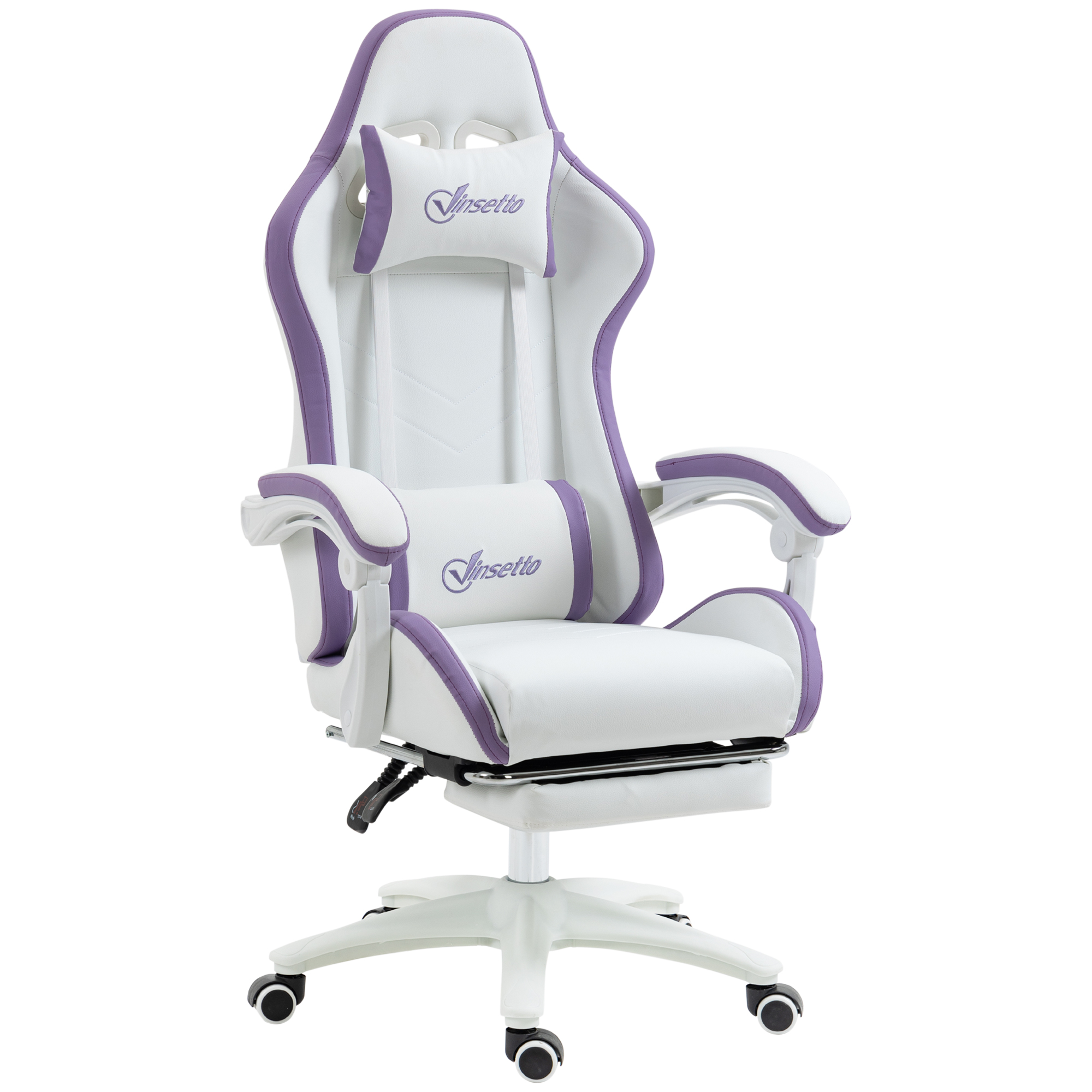 Vinsetto Gaming-Stuhl ergonomischer Gaming-Sessel mit teleskopischem Fußstützen, bis zu 135° neigbare Rückenlehne, verstellbare Kopfstütze und Lendenwirbelstütze, 360° drehbarer Bürostuhl aus Polyurethan, weiß Aosom