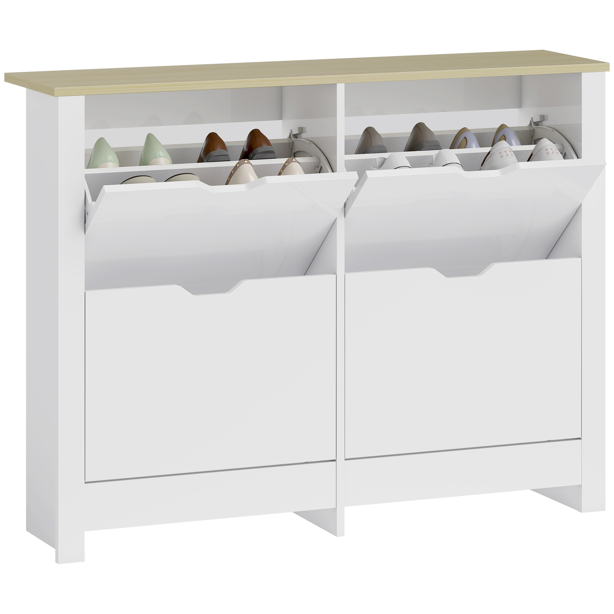 Image of HOMCOM Armadio Portascarpe 4 Ante Ribaltabili 2 Compartimenti Pannelli Particelle Bianco rovere Aosom Italy006