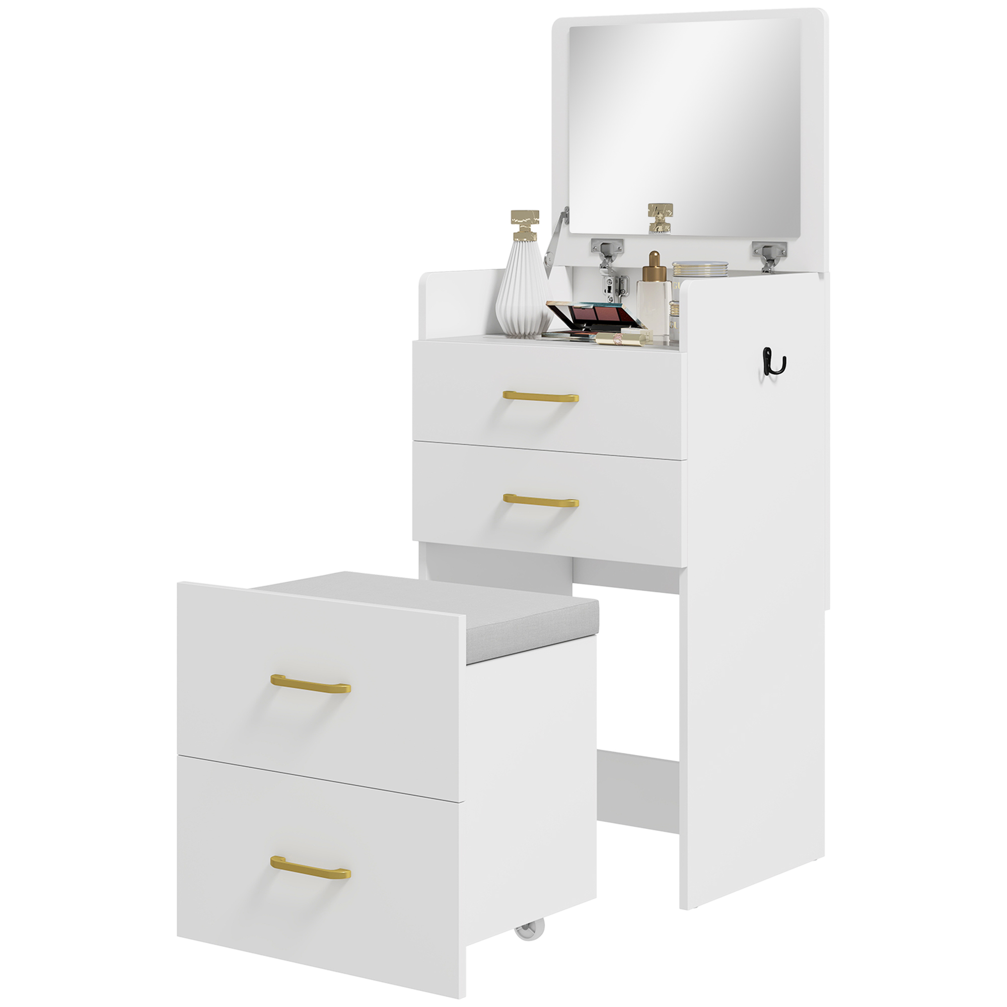 HOMCOM Coiffeuse 3-en-1 avec miroir, table de nuit, tabouret à roulettes, tiroirs, Blanc