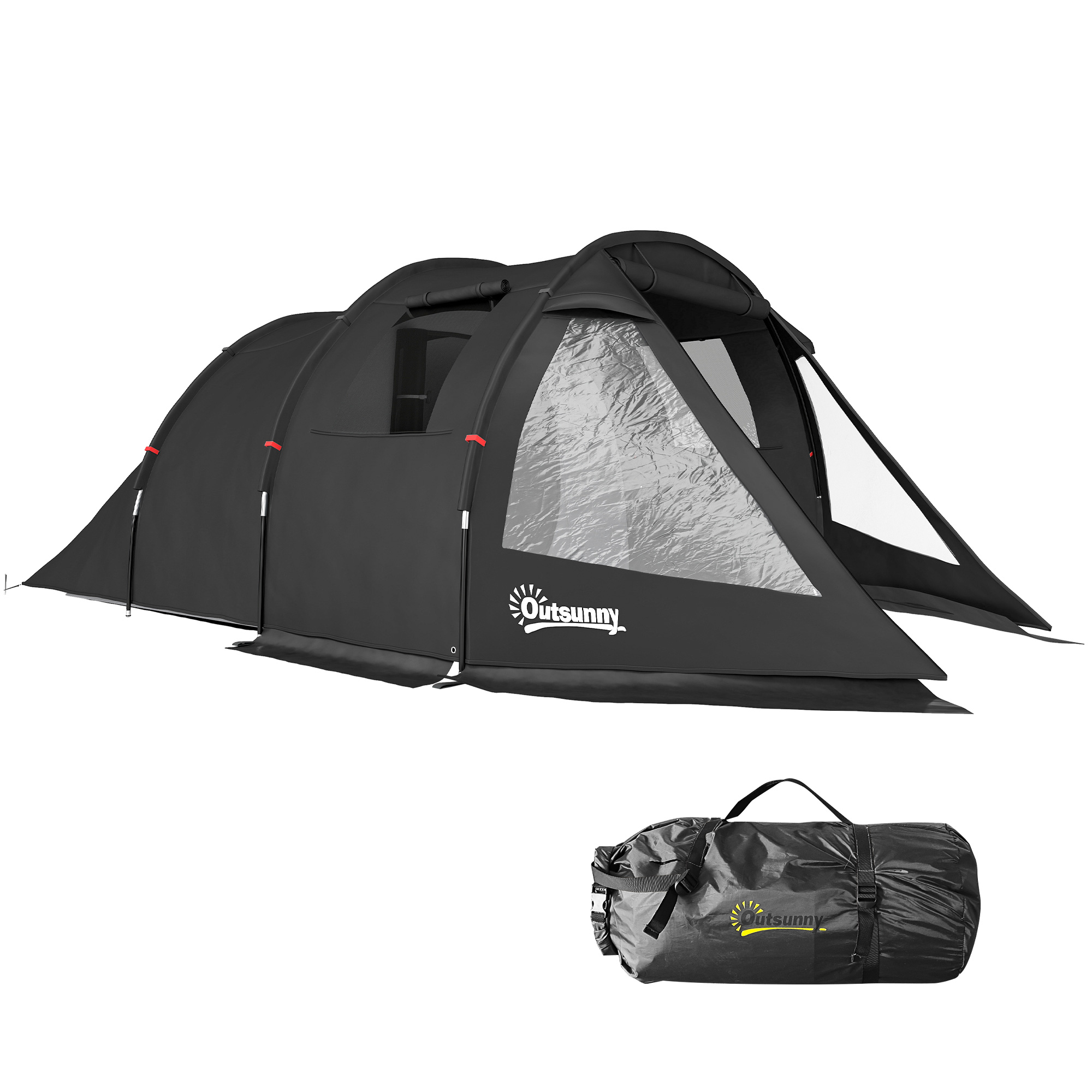 Outsunny 3-4 Man Tunnel Tent, Two Room Camping Tent with Windows