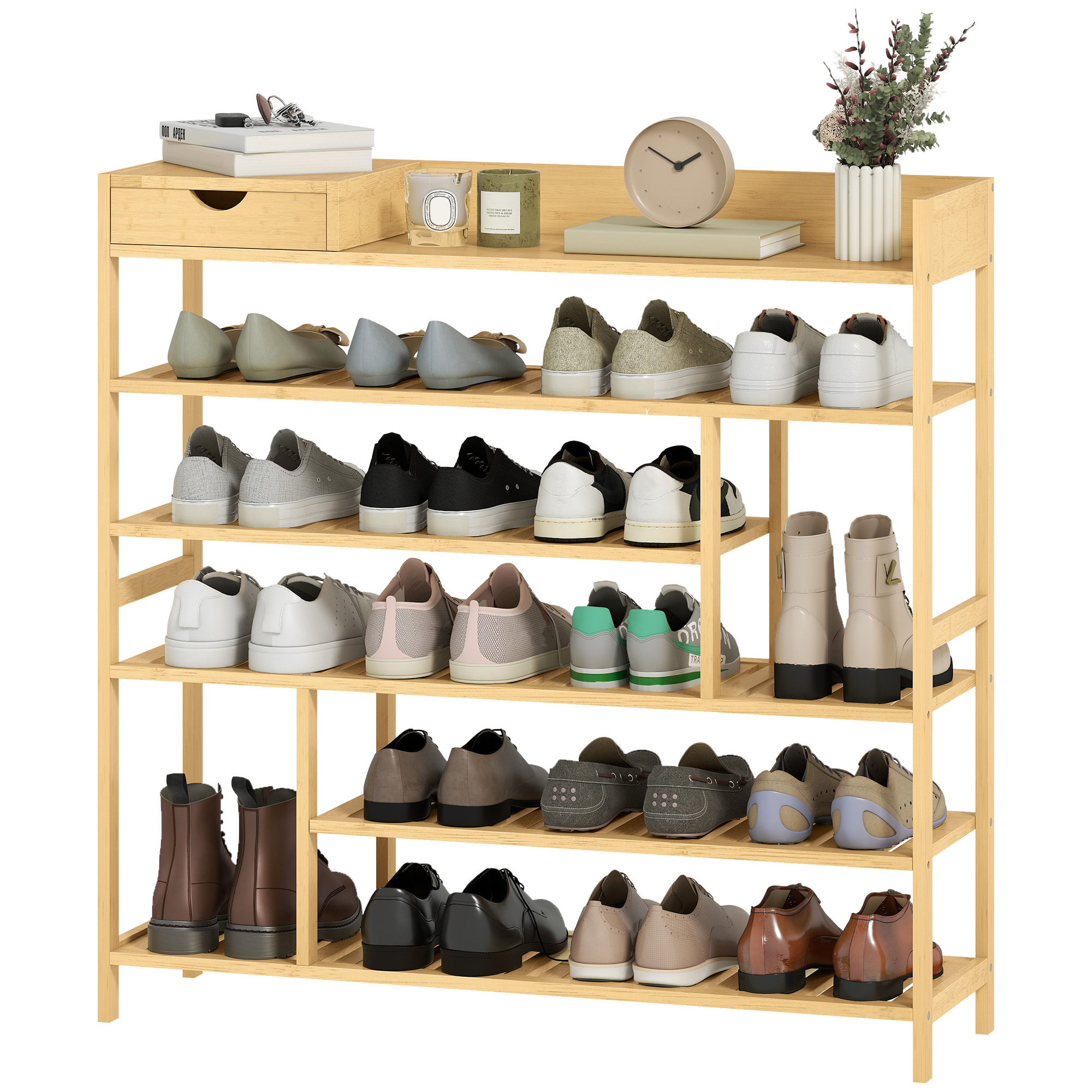 HOMCOM Schuhregal, Schuhständer mit 6 Ebenen, Schublade aus Bambus, für max günstig online kaufen
