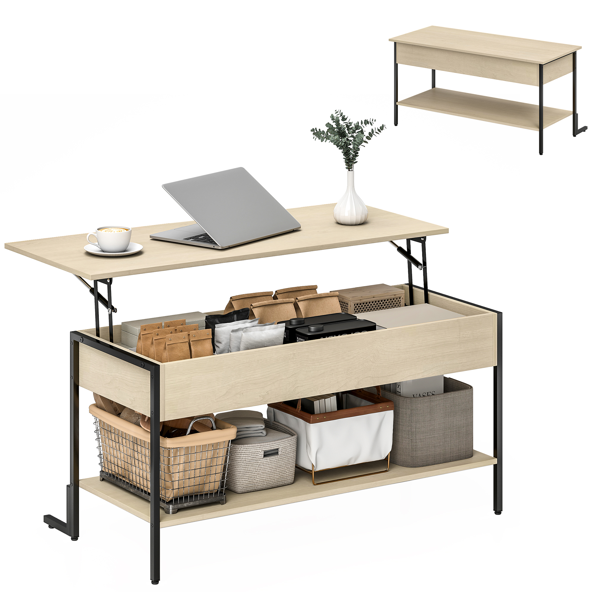 HOMCOM Tavolino con piano sollevabile, tavolino da soggiorno con vano nascosto e scaffale aperto, 95x40x59cm, legno naturale   Aosom Italy