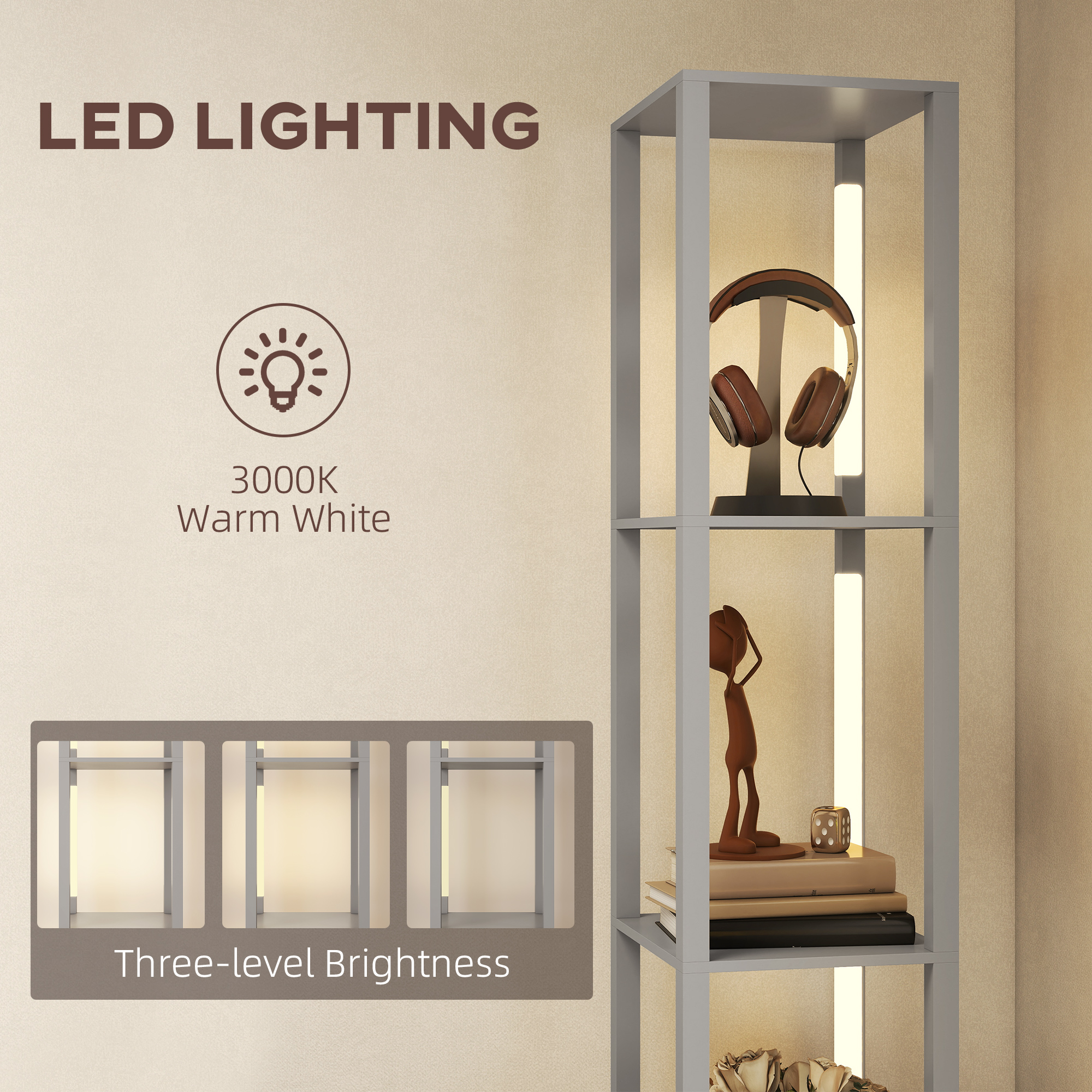HOMCOM Floor Lamp with Shelves, LED Column Modern Standing Lamp with Fabric Drawer, Adjustable Brightness, Foot Switch for Living Room, Bedroom, Office, Grey 5