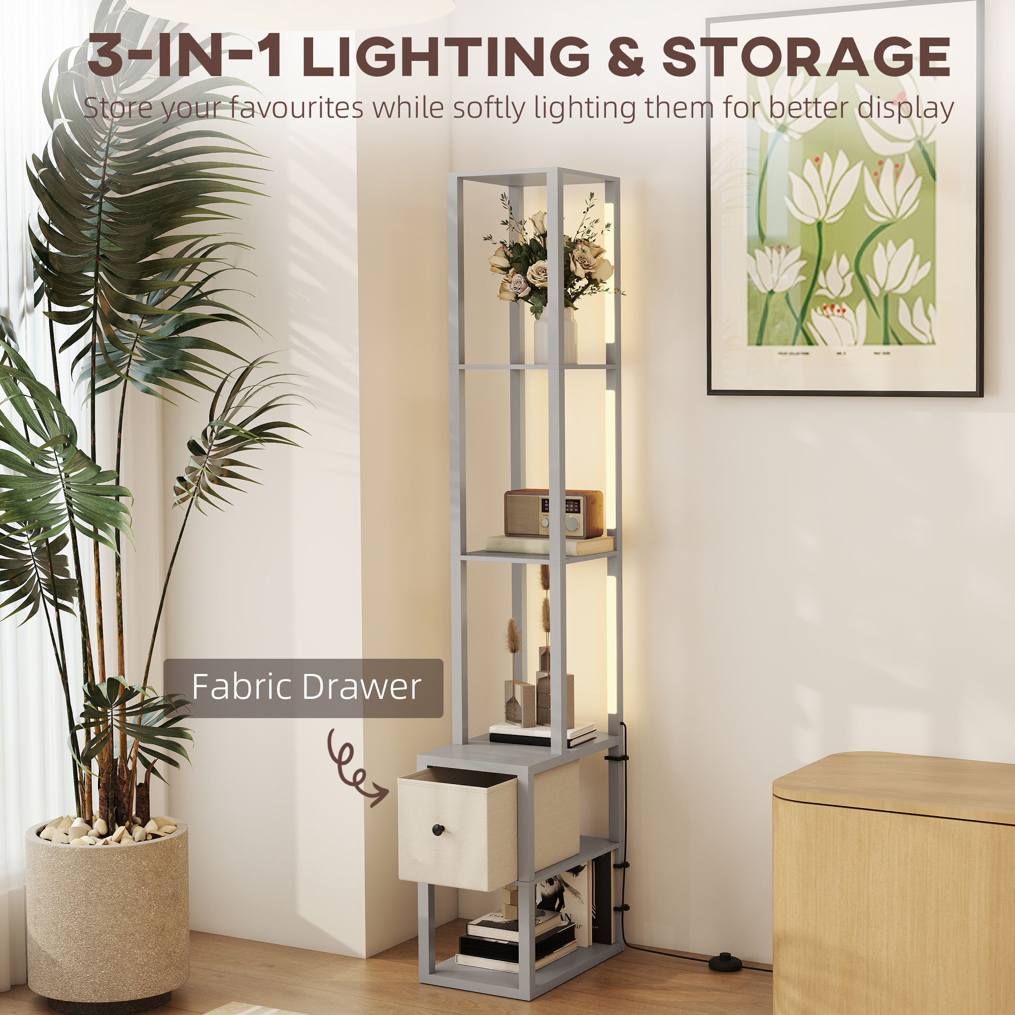 HOMCOM Floor Lamp with Shelves, LED Column Modern Standing Lamp with Fabric Drawer, Adjustable Brightness, Foot Switch for Living Room, Bedroom, Office, Grey 4