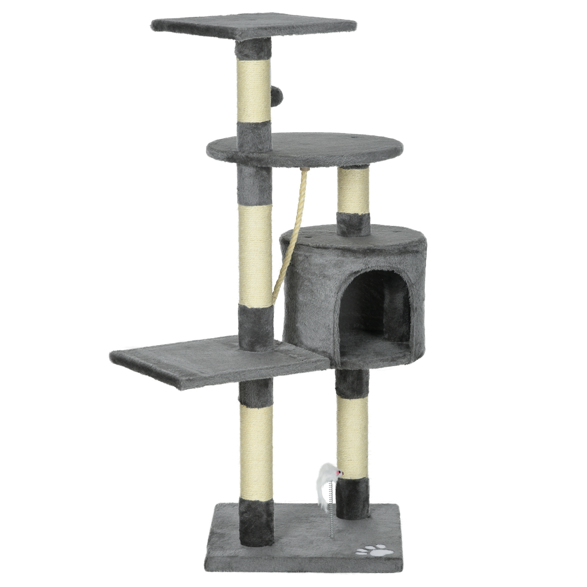 PawHut Rascador para Gatos Altura 116 cm Árbol para Gatos con Postes de Sisal Cueva Plataformas y Juguetes Gris Oscuro