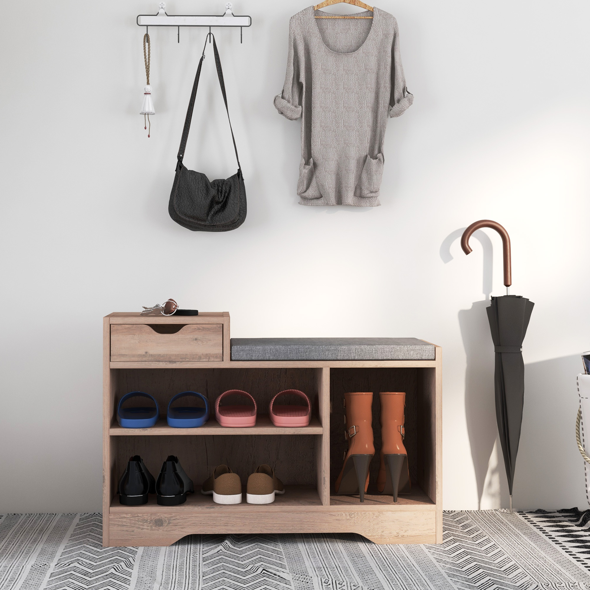HOMCOM Moderne Schuhschrankbank mit 3 offenen Regalen und Schubladen, Niedr günstig online kaufen