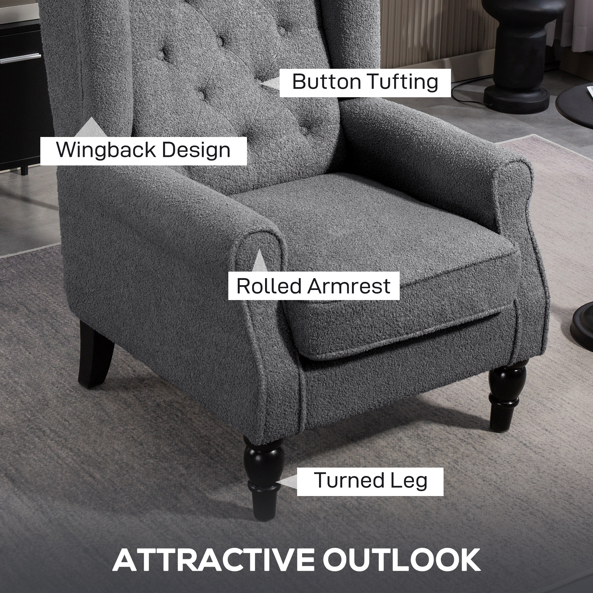 HOMCOM Teddy Fleece Retro Wingback Chair Grey 4