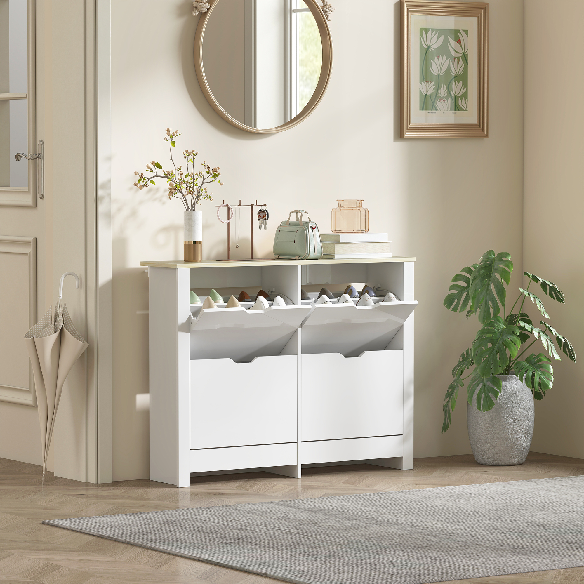 HOMCOM Schuhschrank 4 klapptürige Türen 2 Fächer aus Holz Weiß Eiche   Aoso günstig online kaufen
