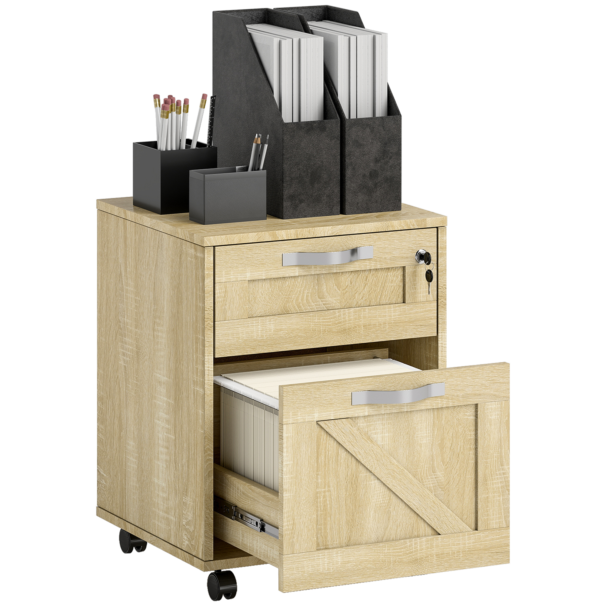 Vinsetto Cajonera de Oficina con Ruedas y Cerradura 2 Cajones para Carpetas Tamaño A4 41x42x56cm Diseño Moderno Natural | Aosom España