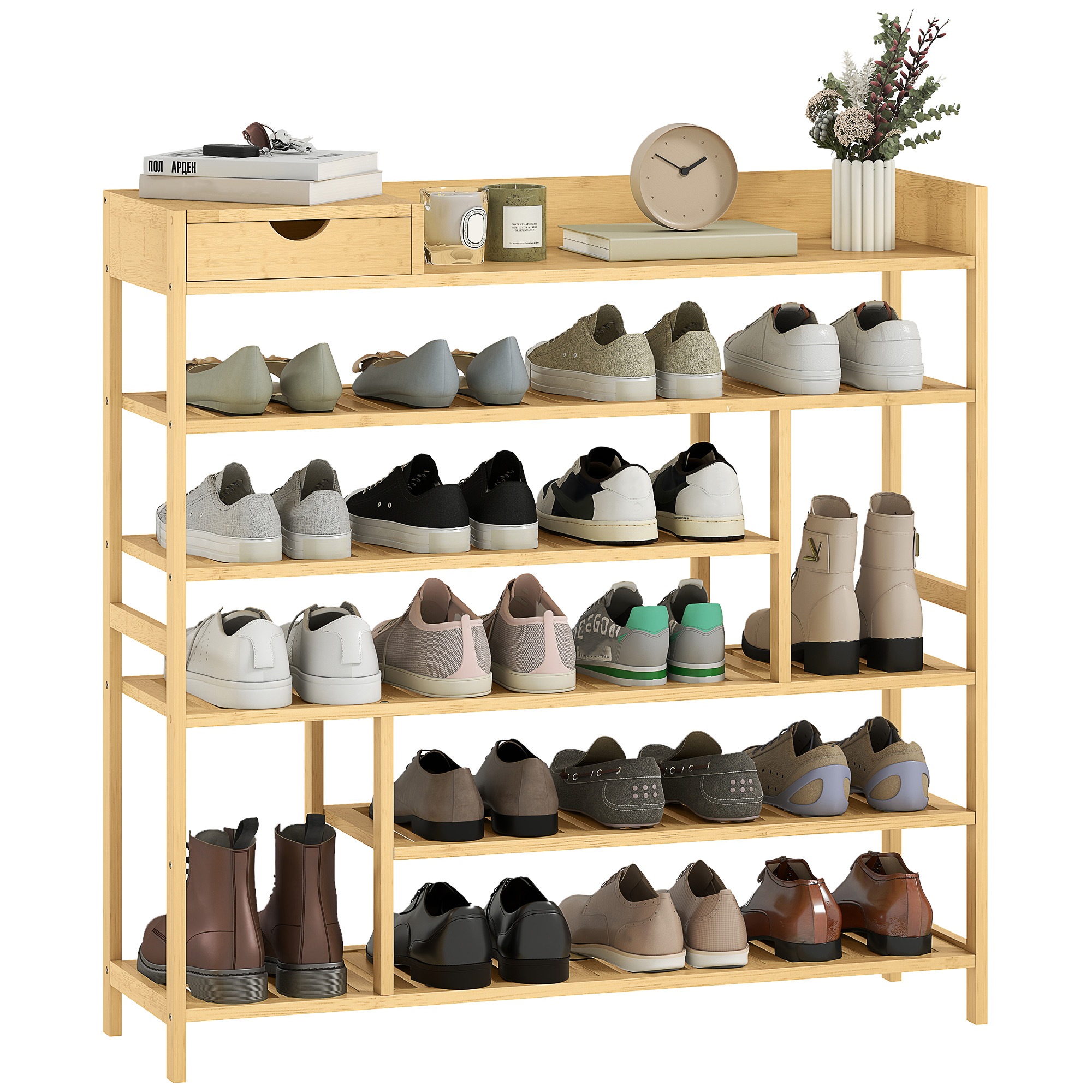 Image of HOMCOM Scaffale per Scarpe, Scarpiera con 6 Livelli, Cassettiera in Bambù, per un massimo di 18 Paia di Scarpe, Scaffale per Scarpe per Ingresso, Camera da Letto, 101 x 30 x 100 cm, Naturale Aosom Italy006