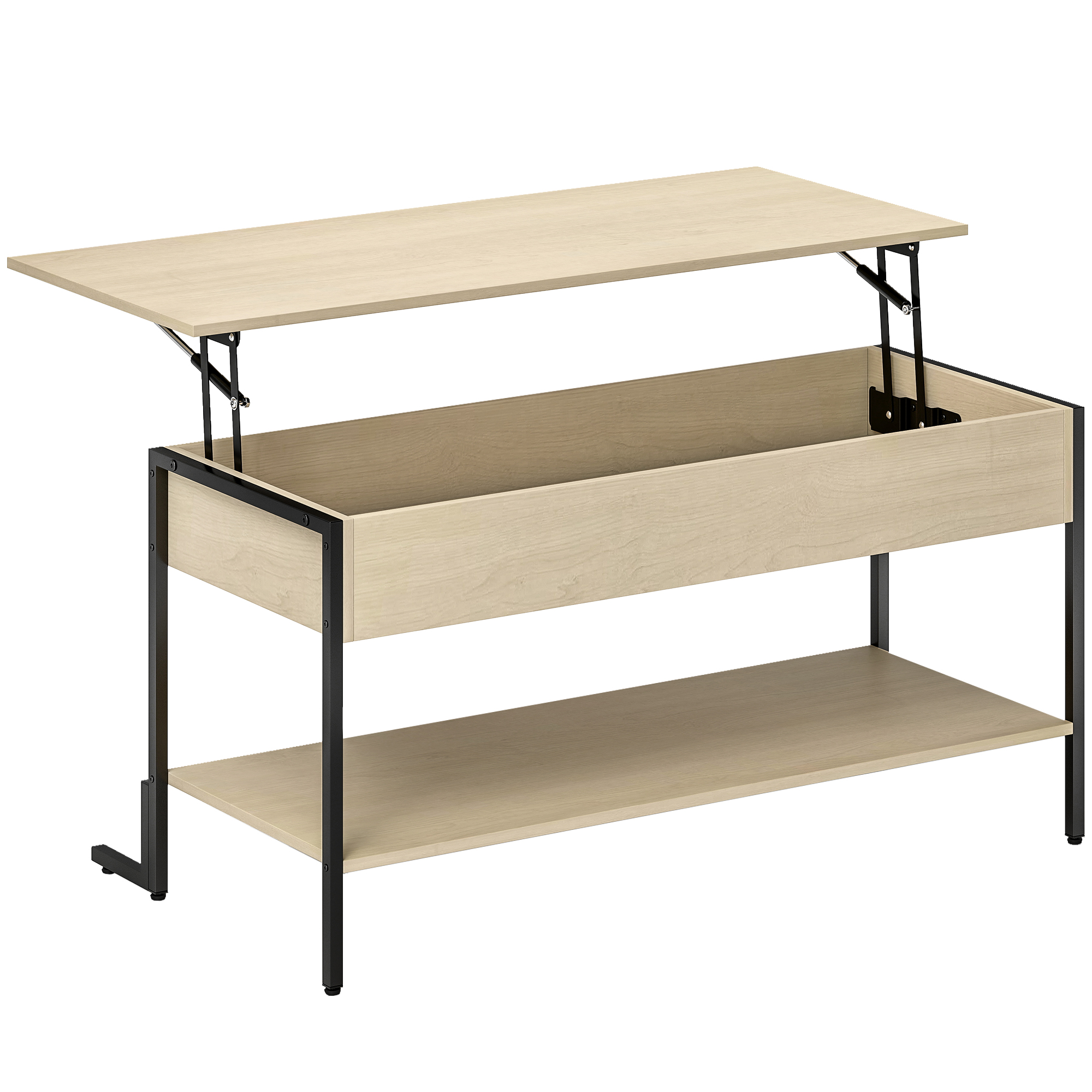Table basse avec plateau relevable, table de salon avec compartiment caché et étagère ouverte, bois naturel