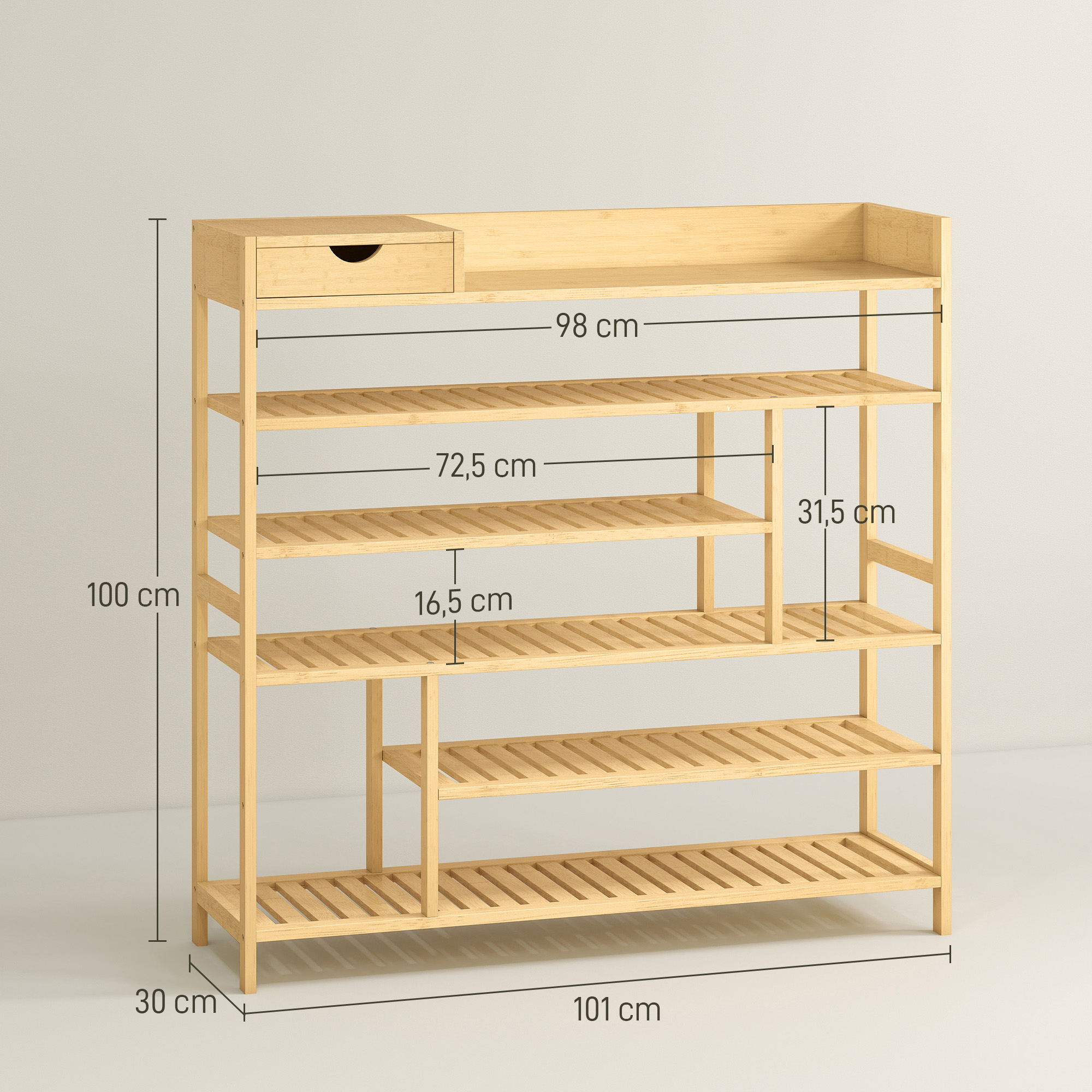 Jalanõuderiiul, 6 riiuli ja sahtliga kingaruubel, valmistatud bambusest, kuni 18 paari kingi jaoks, jalanõude hoiustamine esikusse või magamistuppa, 101 x 30 x 100 cm, naturaalne