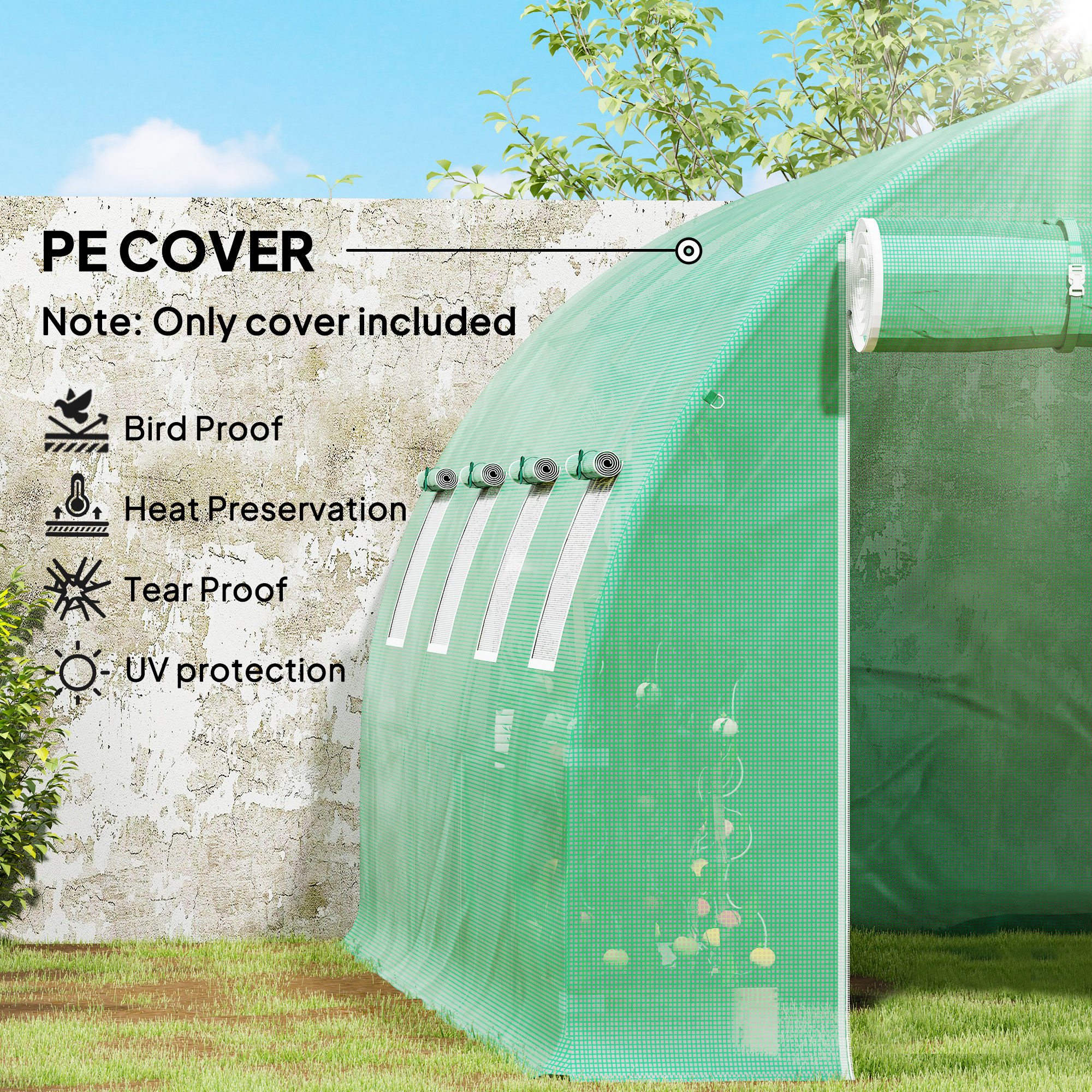 Outsunny 4 x 3 x 2m Polytunnel Greenhouse Replacement Cover ONLY Winter Garden Plant PE Cover for Tunnel Walk-in Greenhouse with Roll-up Windows Door Outdoor, Green 6