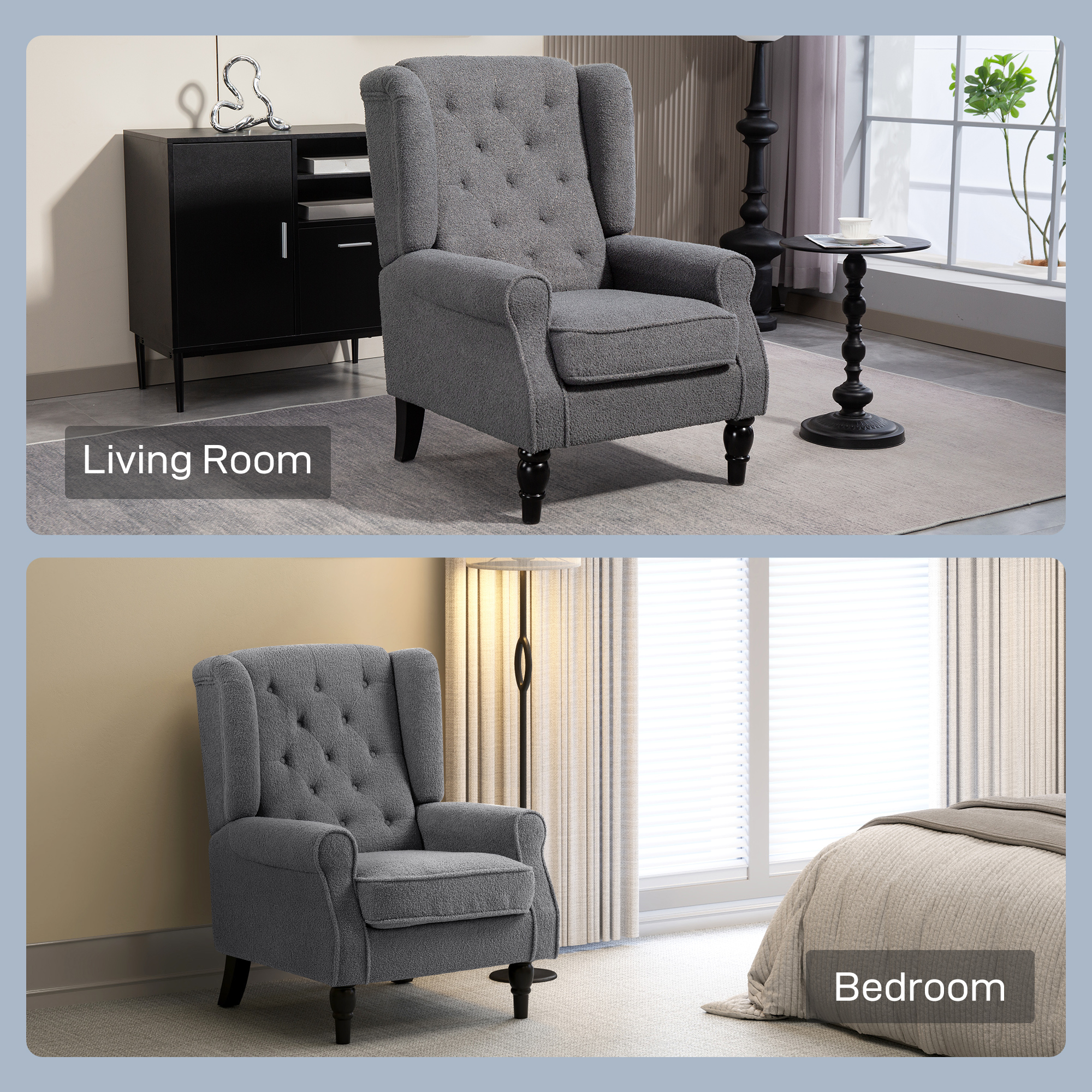 HOMCOM Teddy Fleece Retro Wingback Chair Grey 8