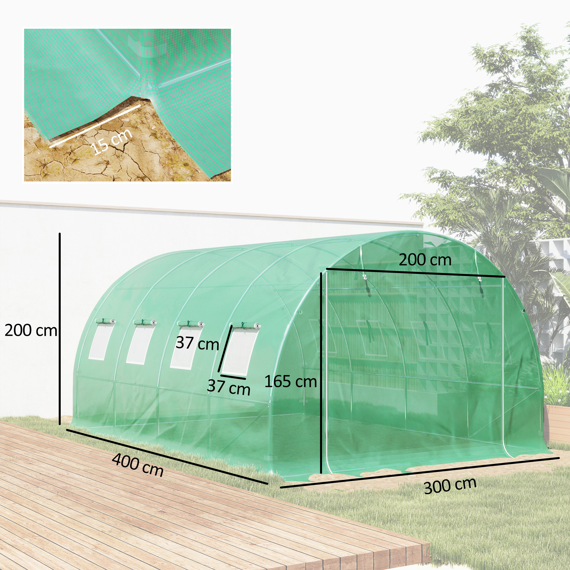 Outsunny 4 x 3 x 2m Polytunnel Greenhouse Replacement Cover ONLY Winter Garden Plant PE Cover for Tunnel Walk-in Greenhouse with Roll-up Windows Door Outdoor, Green 3