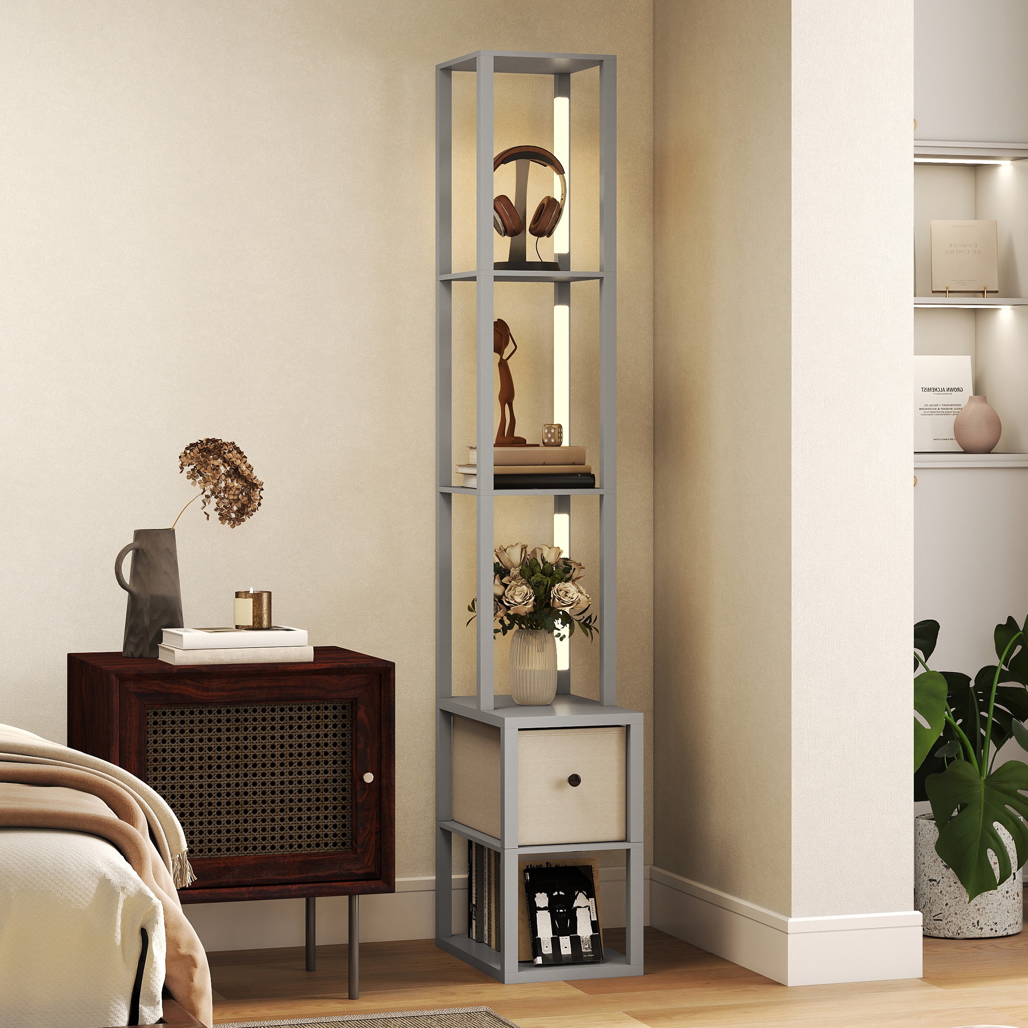 HOMCOM Floor Lamp with Shelves, LED Column Modern Standing Lamp with Fabric Drawer, Adjustable Brightness, Foot Switch for Living Room, Bedroom, Office, Grey 2