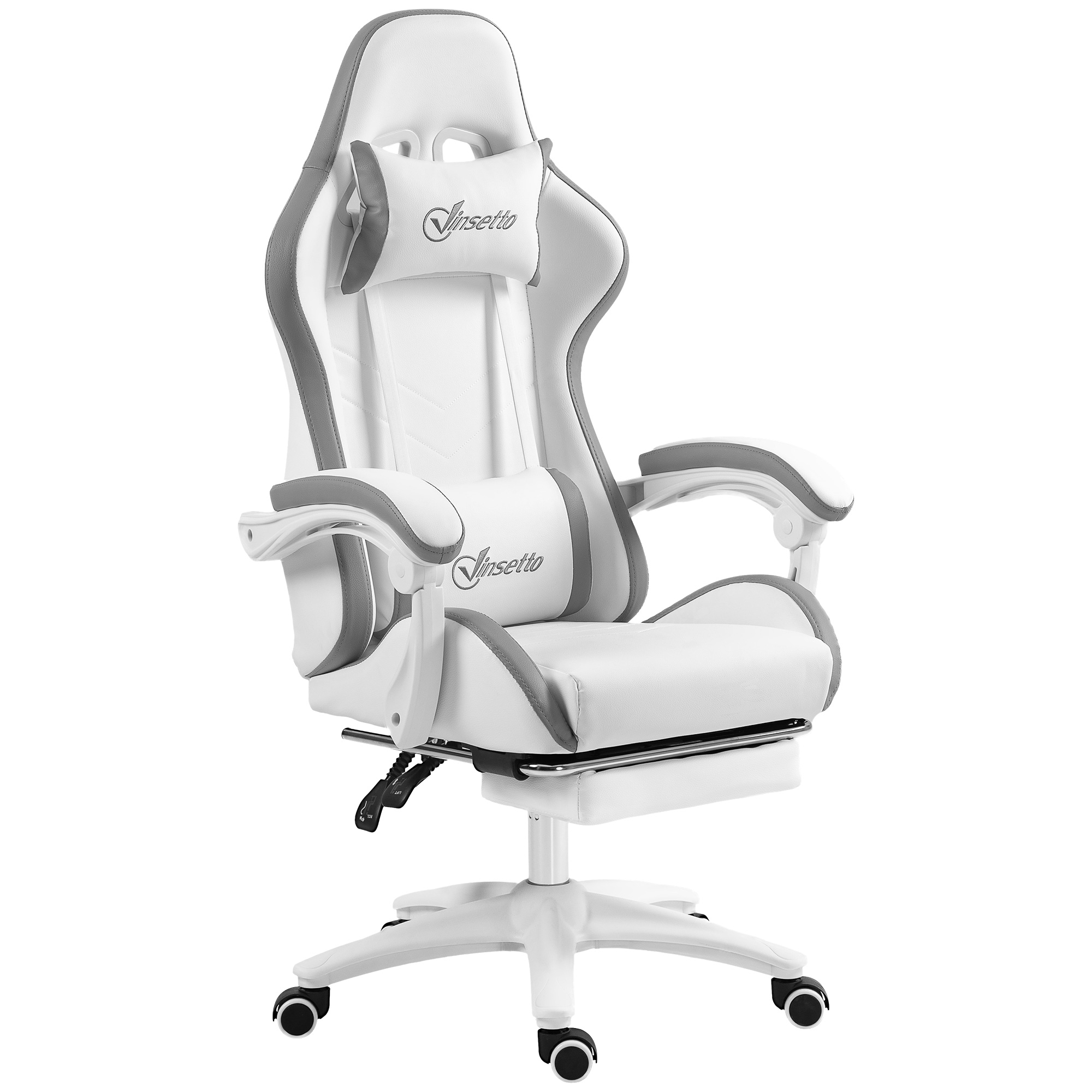 Vinsetto Gaming-Stuhl ergonomischer Gaming-Stuhl mit ausfahrbarem Fußteil, 135° neigbarer Rückenlehne, verstellbarem Kopfstütze und Lendenwirbelstütze, 360° drehbarer Bürostuhl aus Polyurethan, Weiß Aosom