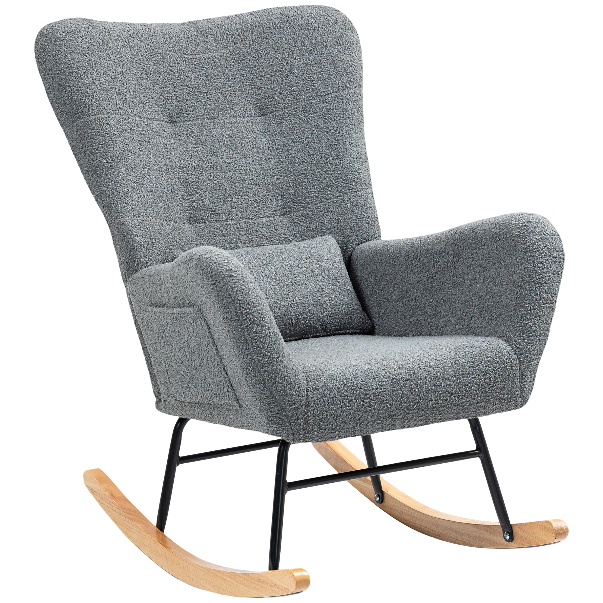 HOMCOM Mecedora de Borreguito con Respaldo Acolchado Almohada y Base de Madera de Caucho Carga 120 kg Gris