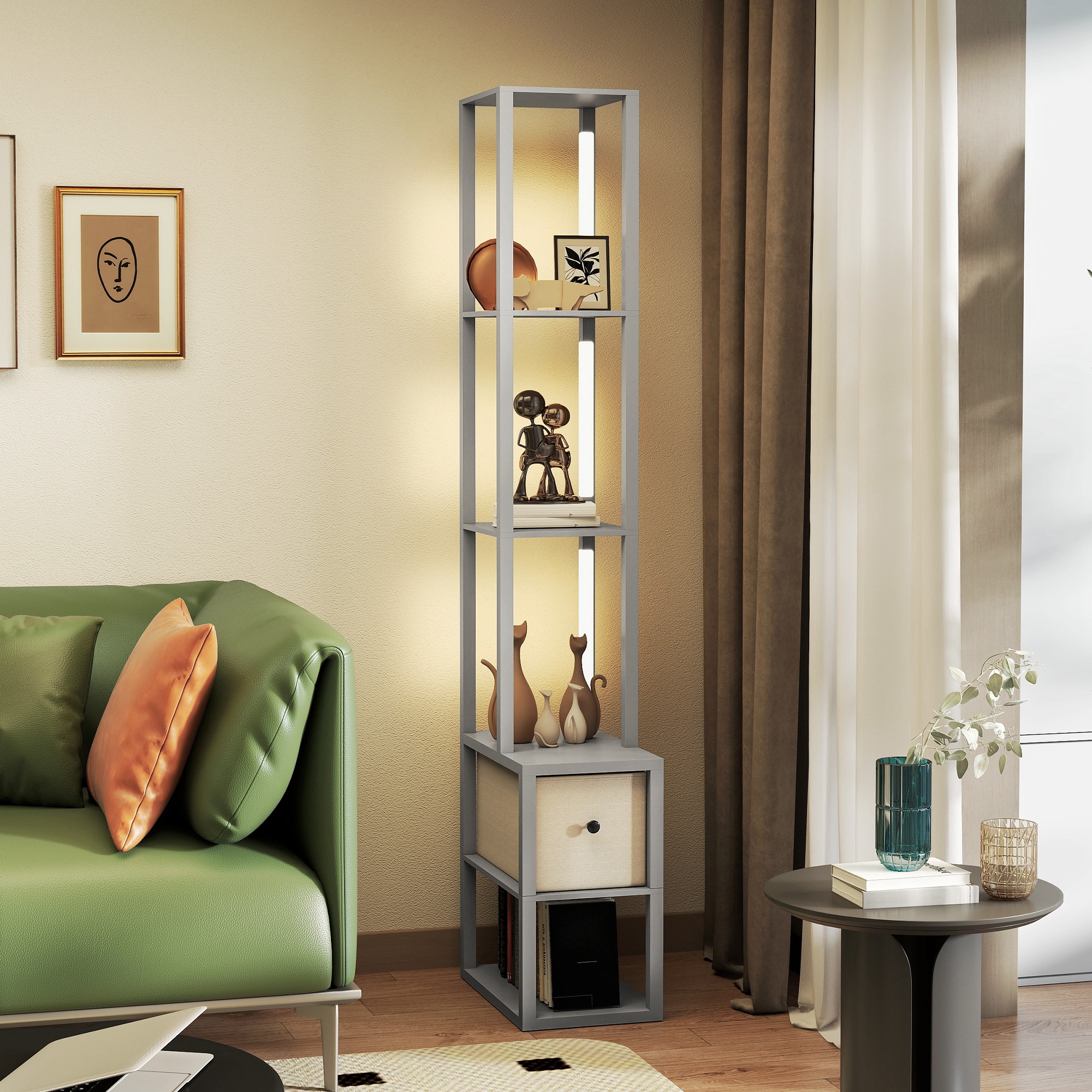HOMCOM Floor Lamp with Shelves, LED Column Modern Standing Lamp with Fabric Drawer, Adjustable Brightness, Foot Switch for Living Room, Bedroom, Office, Grey 7