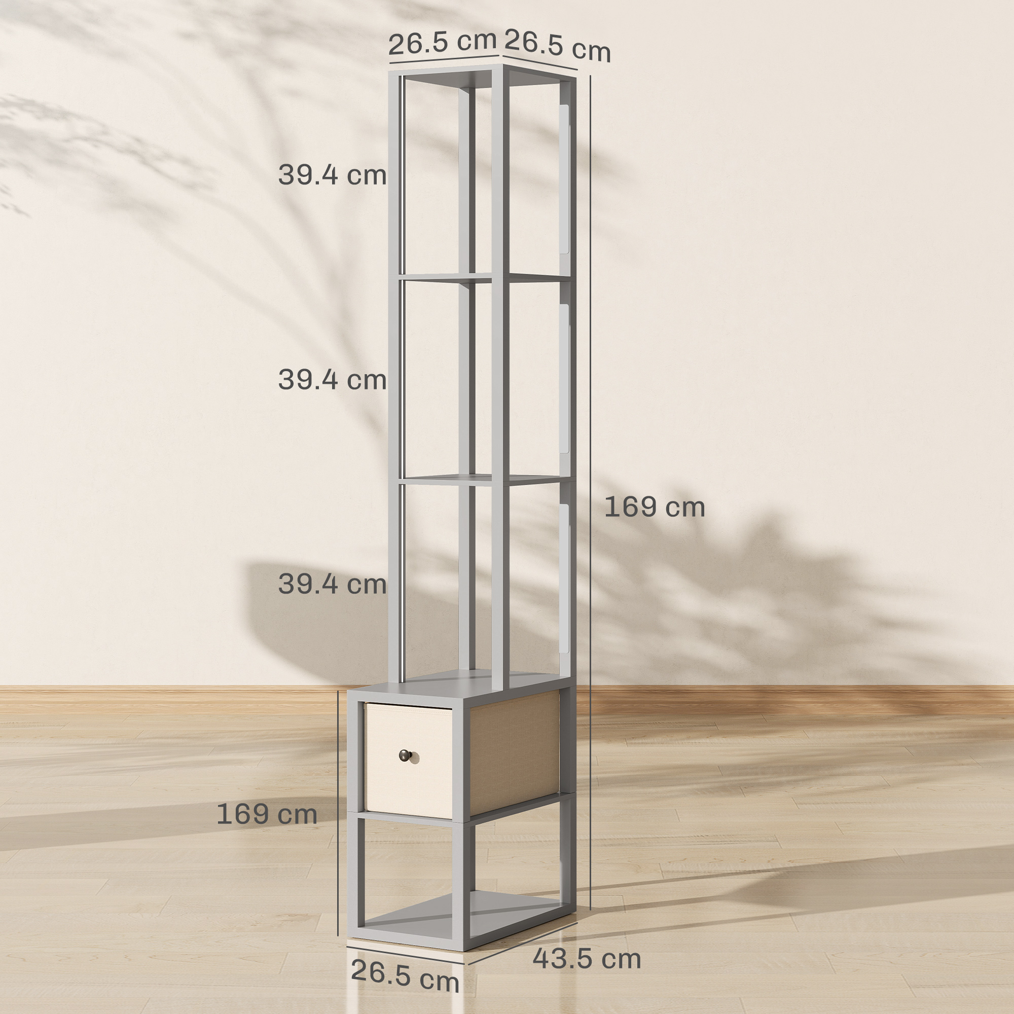 HOMCOM Floor Lamp with Shelves, LED Column Modern Standing Lamp with Fabric Drawer, Adjustable Brightness, Foot Switch for Living Room, Bedroom, Office, Grey 3