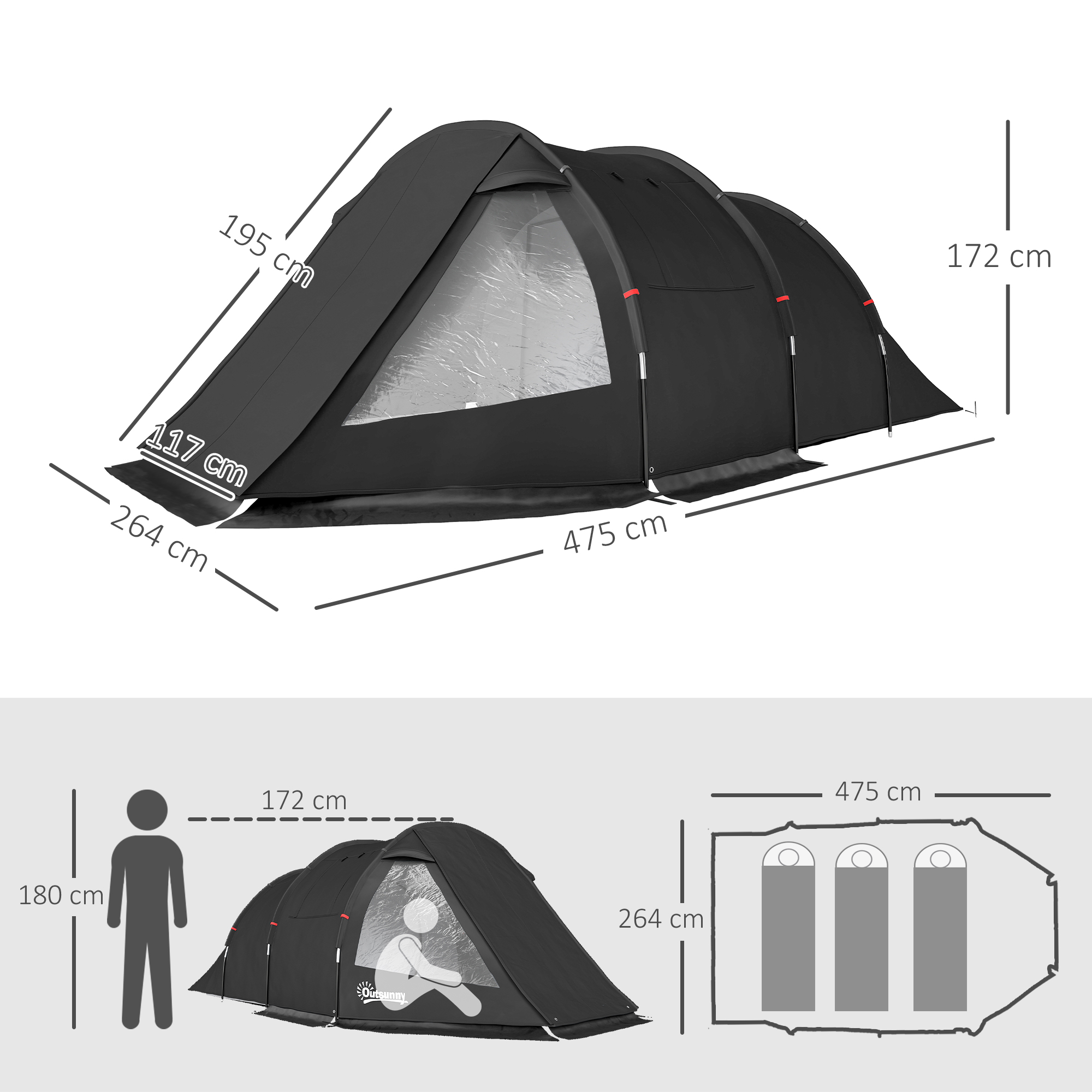 Tenda Da Campeggio Outsunny 3 Posti Con 2 Stanze - 475x264x172 Cm, Idrorepellente 2000mm, Finestre In PVC E Rete, Borsa Trasporto Inclusa