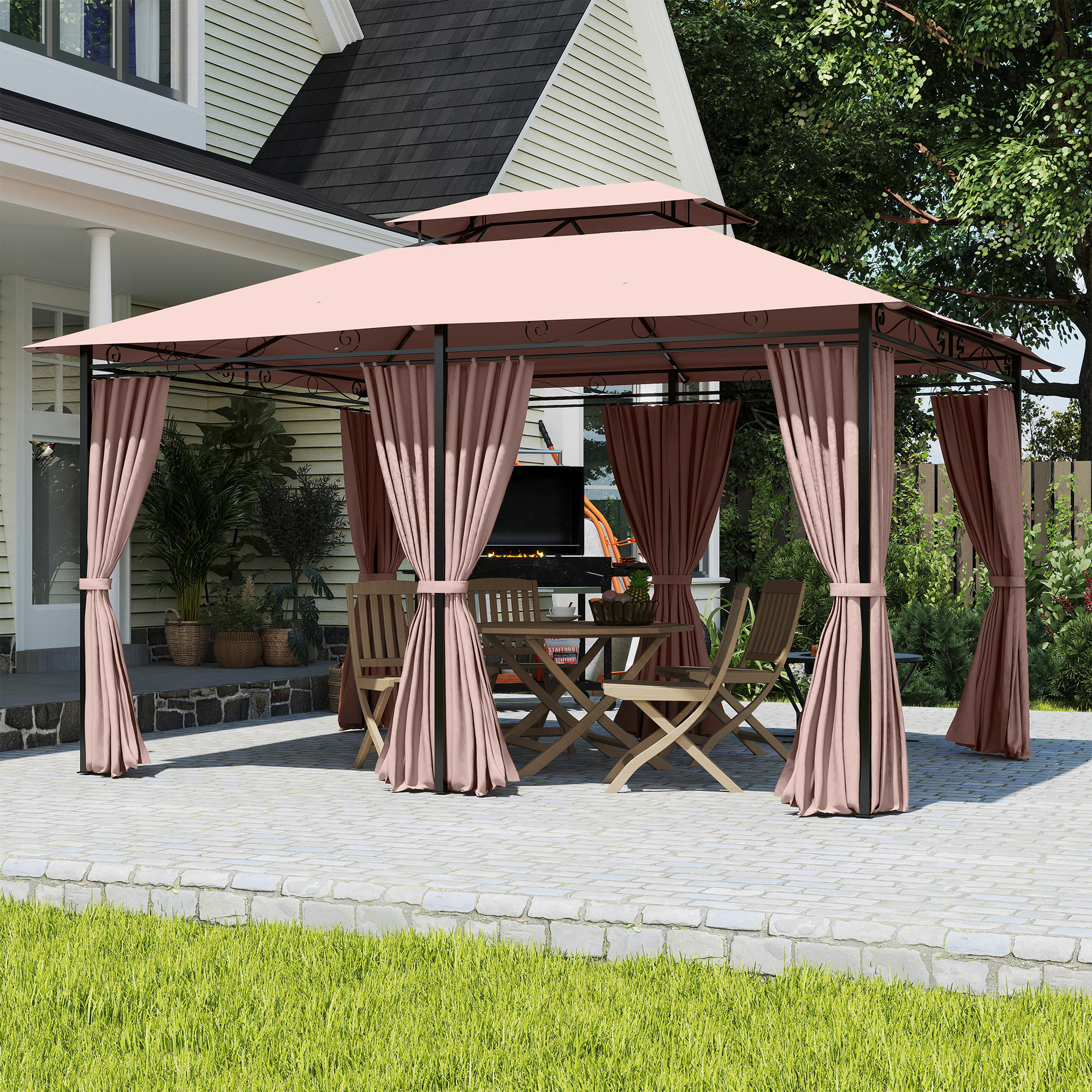 Outsunny 4m x 3(m)Garden Gazebo, Double Roof Outdoor Gazebo Canopy Shelter with Curtains, Solid Steel Frame for Patio, Garden, Brown 7