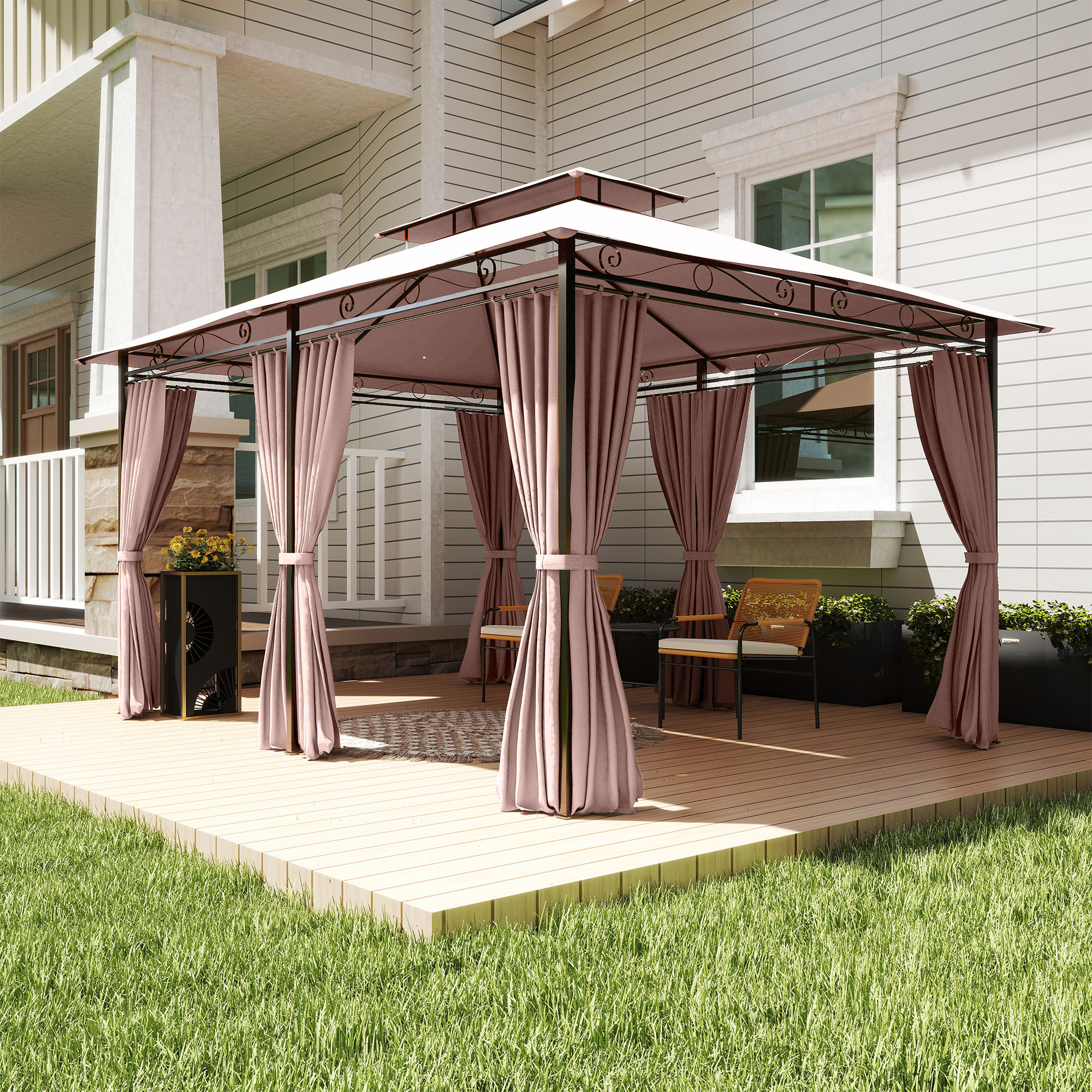 Outsunny 4m x 3(m)Garden Gazebo, Double Roof Outdoor Gazebo Canopy Shelter with Curtains, Solid Steel Frame for Patio, Garden, Brown 8