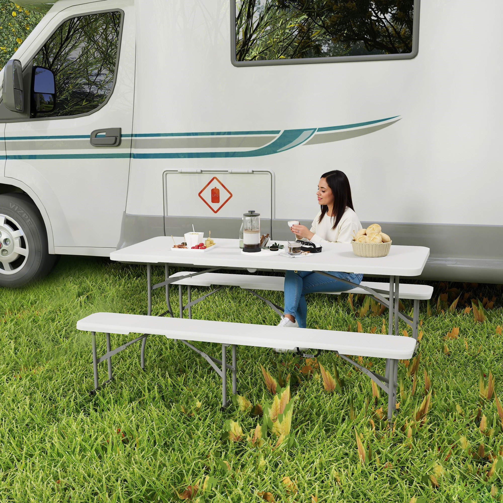 Outsunny Three-Piece Folding Picnic Table and Bench Set White 2