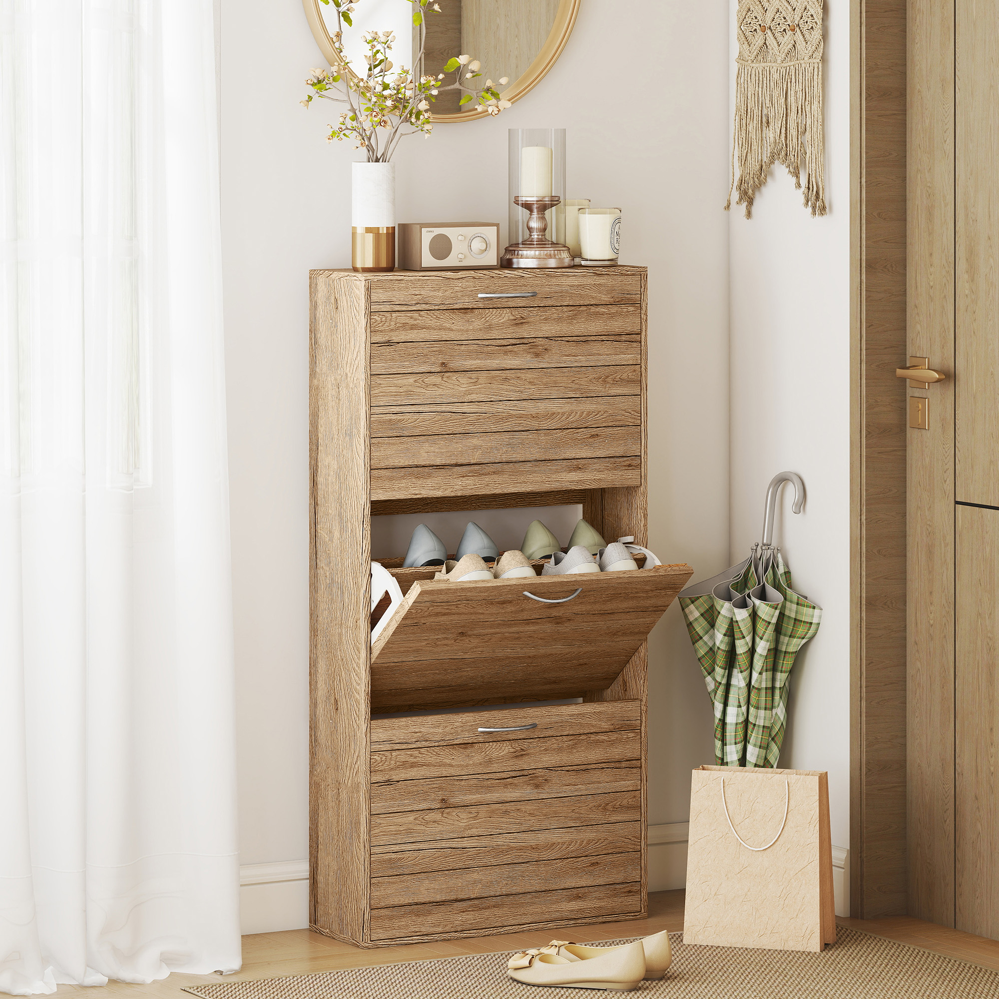 HOMCOM 12-Shoe Flip Drawer Storage Cabinet Brown Wood-Effect 2