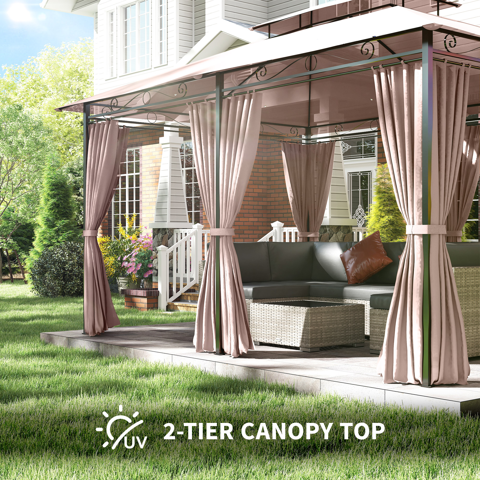 Outsunny 4m x 3(m)Garden Gazebo, Double Roof Outdoor Gazebo Canopy Shelter with Curtains, Solid Steel Frame for Patio, Garden, Brown 4