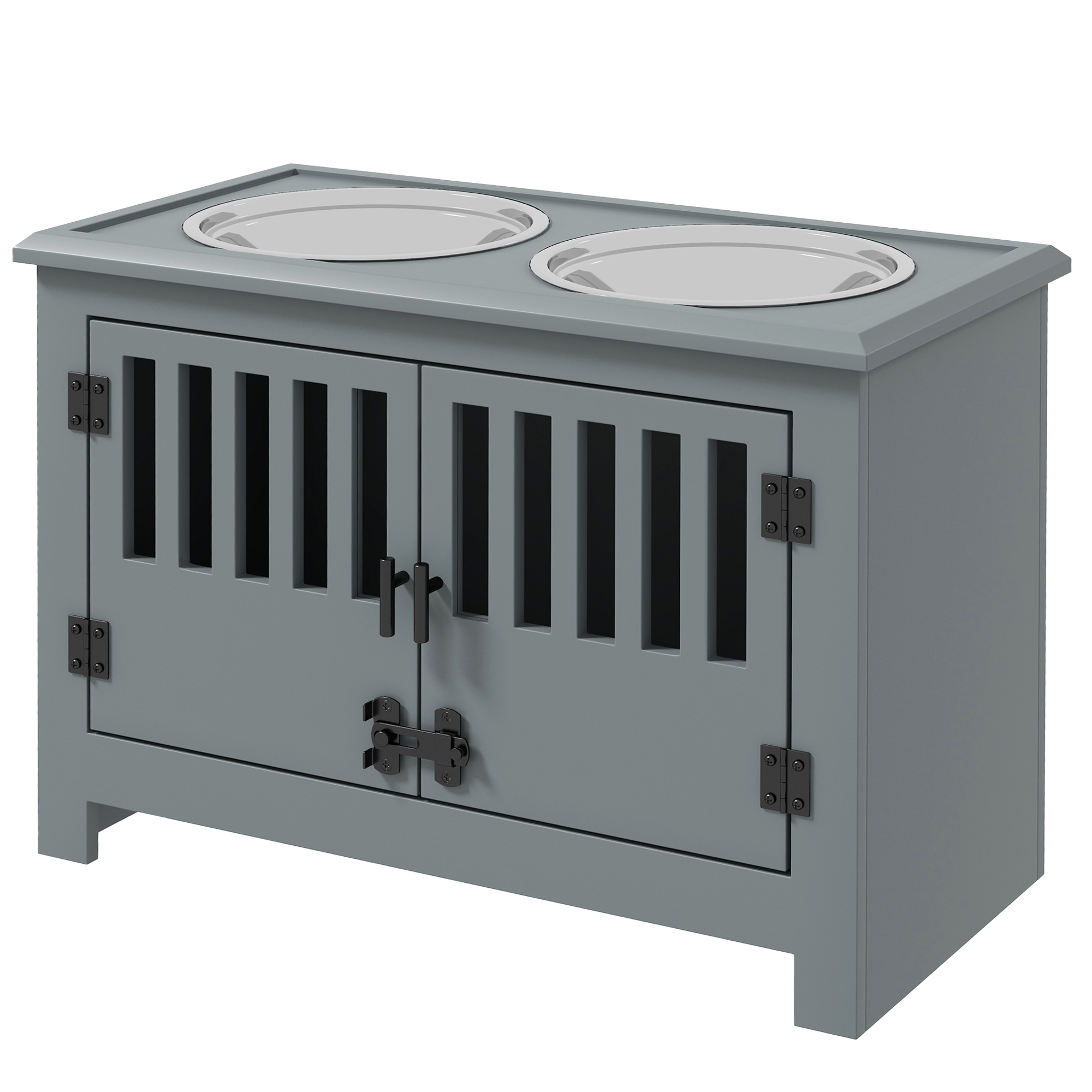 Comparer les prix de PawHut Station d'alimentation surélevée pour grands chiens, 2 bols en acier inoxydable, espace de rangement, 35,5x60x30 cm, Gris