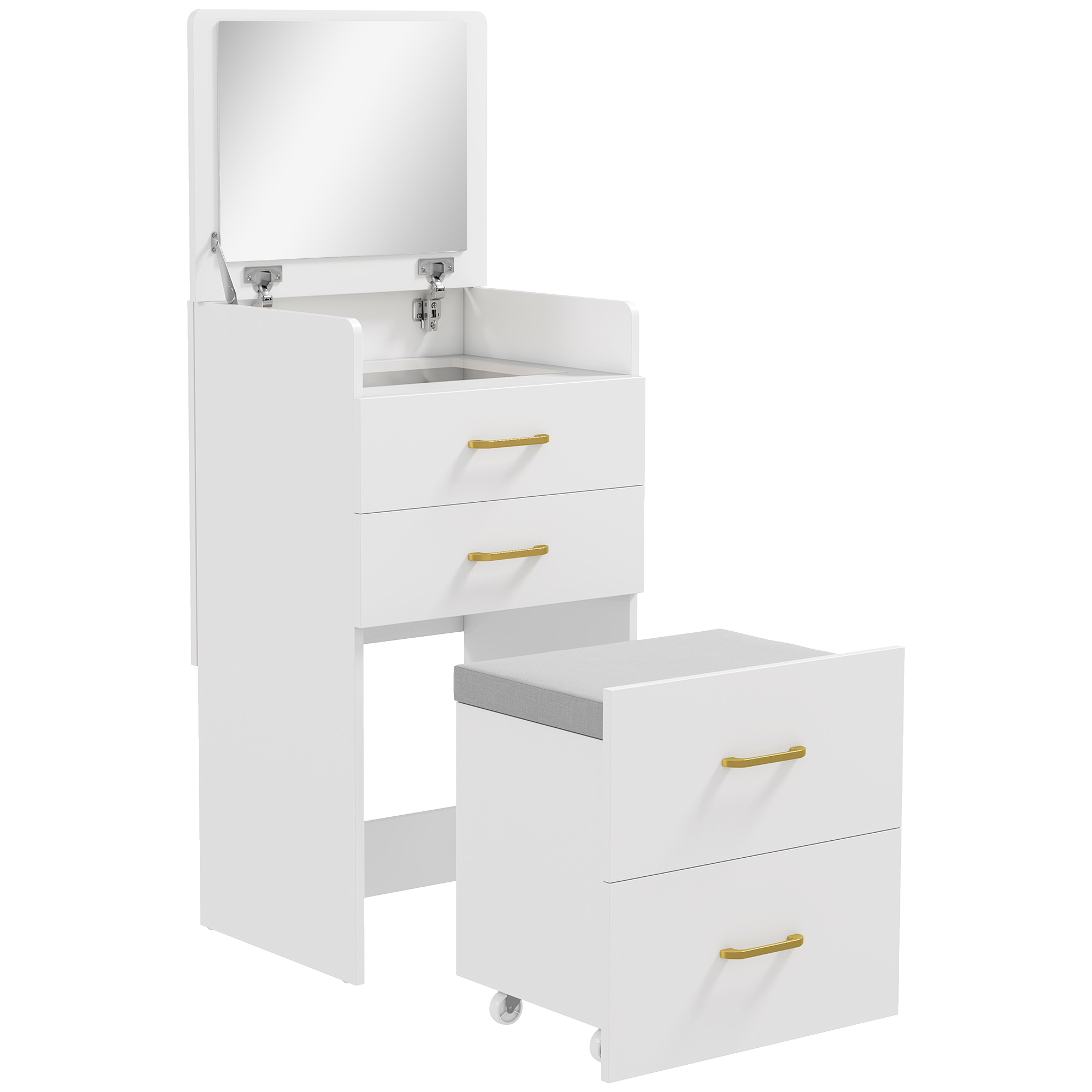 HOMCOM Toucador de Maquilhagem 3 em 1 com Banco Mesa de Maquilhagem com Espelho Gavetas e Bancada de Vidro Visível Toucador Moderno para Quarto 48x40x90 cm Branco