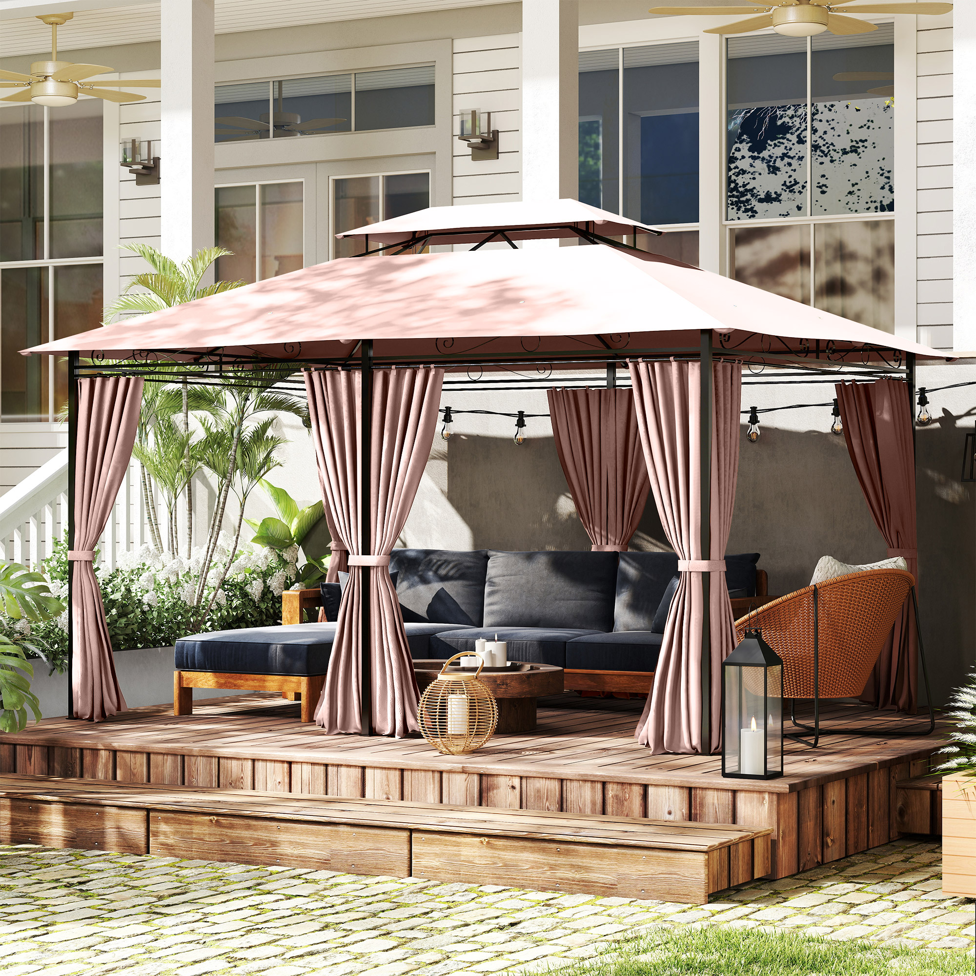 Outsunny 4m x 3(m)Garden Gazebo, Double Roof Outdoor Gazebo Canopy Shelter with Curtains, Solid Steel Frame for Patio, Garden, Brown 9