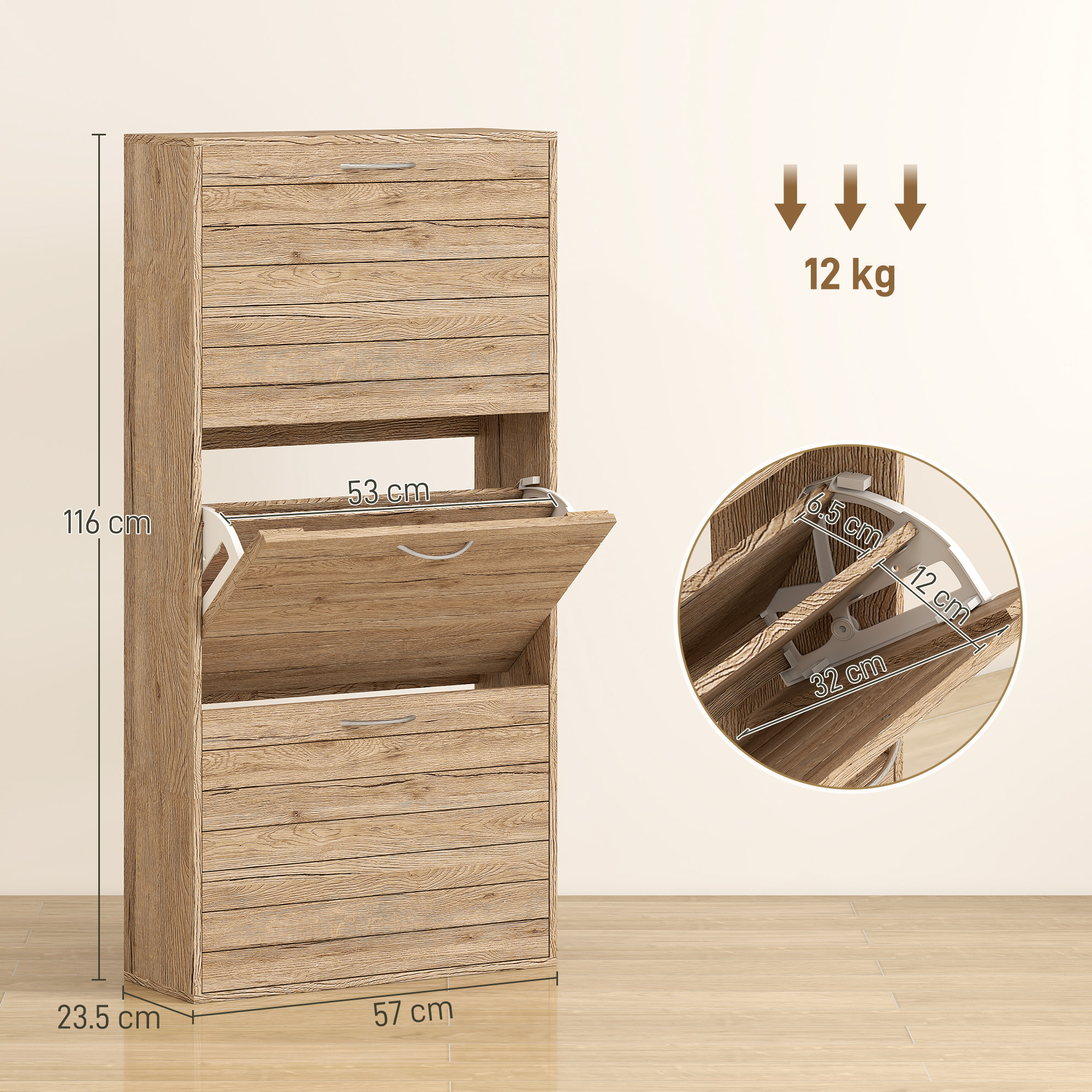 HOMCOM 12-Shoe Flip Drawer Storage Cabinet Brown Wood-Effect 3