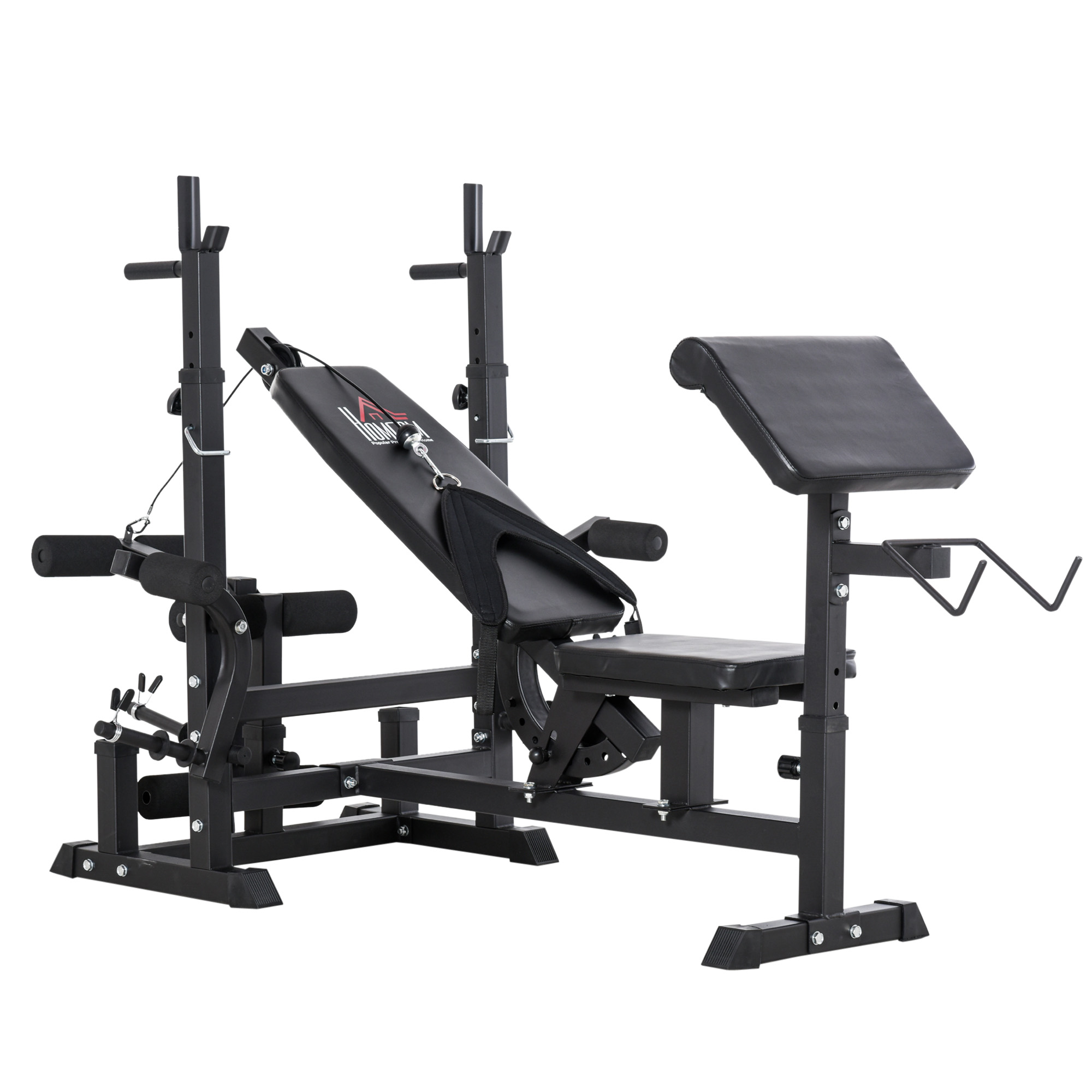 HOMCOM Weight Bench, 6 in 1 Adjustable Bench Press with Leg Extension, Barbell Rack, Preacher Curl Pad, Resistance Band, Multi-Function Home Gym Equipment for Strength Training Weightlifting