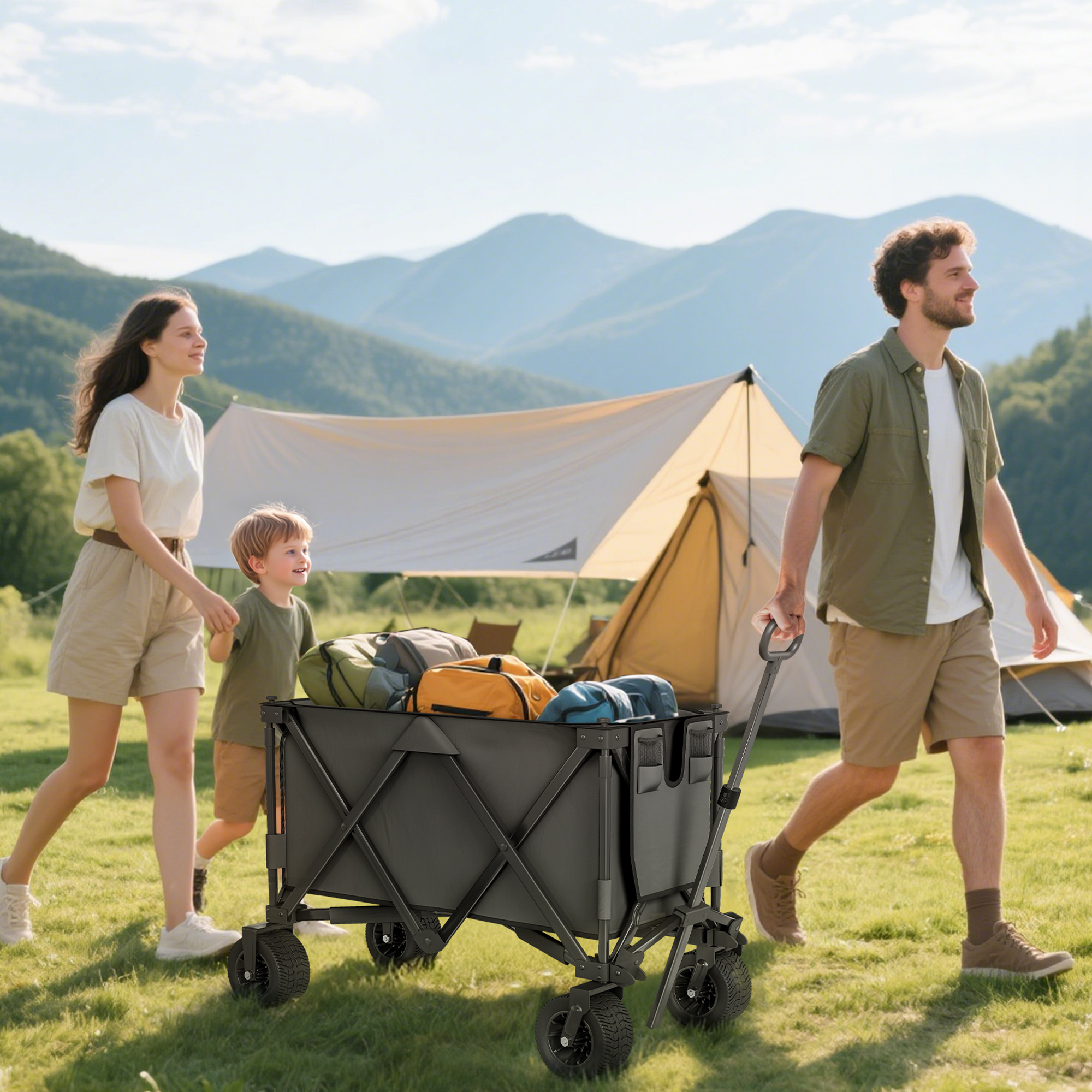 Outsunny Folding Garden Trolley, Cargo Traile on Wheels, Collapsible Camping Trolley, Outdoor Utility Wagon, Dark Grey 2